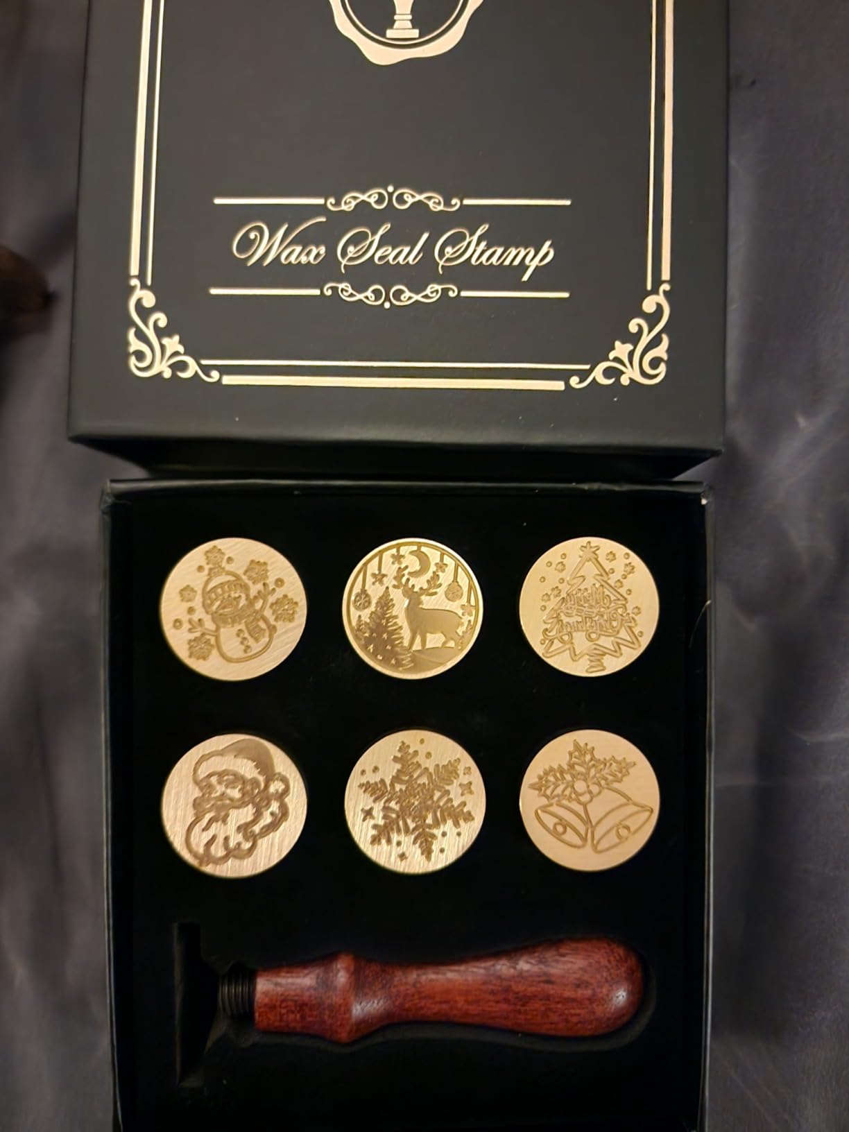 SWANGSA Blessing Wax Seal Stamp Gift Box Set, Vintage 6 Sealing Stamp Heads and 1 Wooden Hilt for Wedding, Party Invitations, Envelops, Christmas Cards and Gift (Phrases Kit) customer photo 2