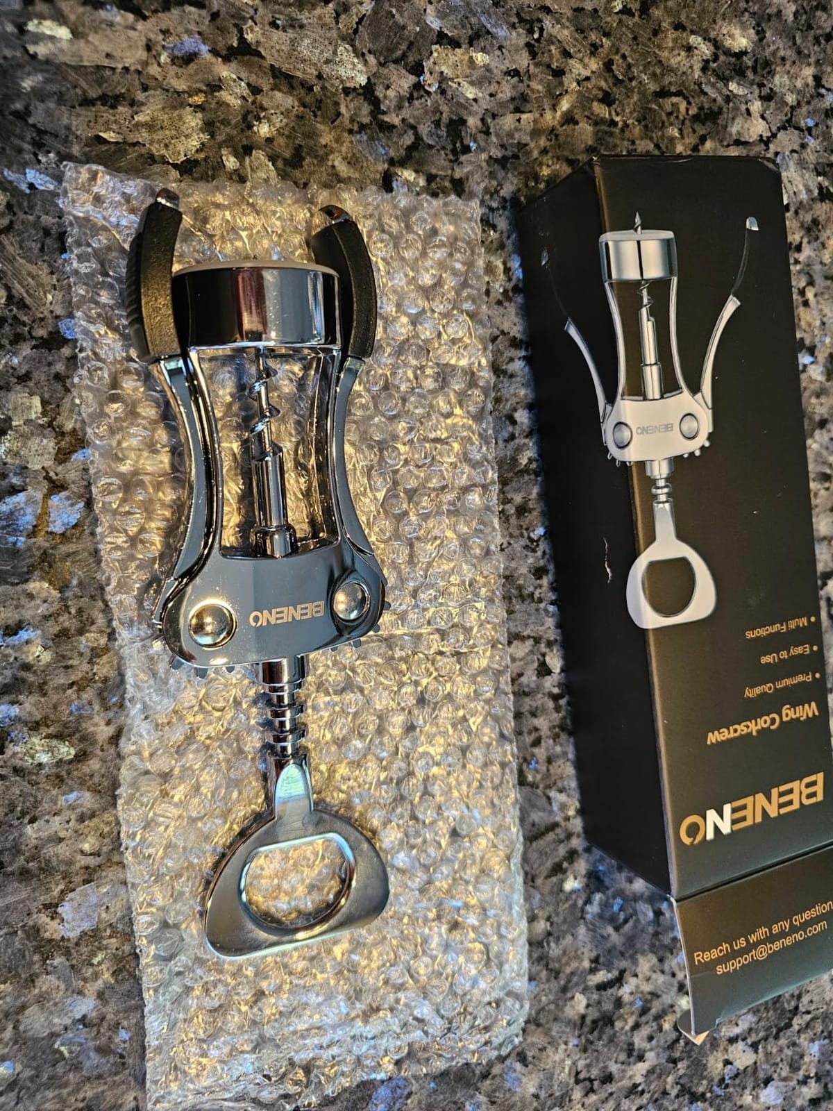 Beneno Wine Bottle Opener Wine Accessories Gift Set, Elegant Black | Multifunctional Wing Corkscrew Bottle Opener, Foil Cutter, Vacuum Stopper & Aerator Pourer, Perfect for Man Woman customer photo 2