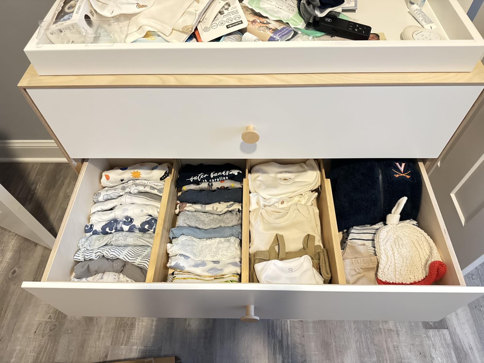 Fabsome Dresser Drawer Organizers 6 Pack, 4.65'' High Adjustable from 12.5-17'' Bamboo Drawer Dividers for Clothing Baby Clothes, Wooden Separators for Dresser Nursery Organization with Soft Foam Ends customer photo 2