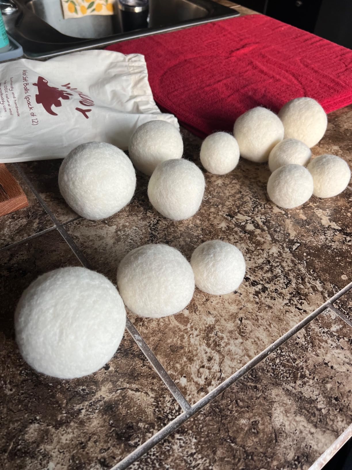 Woolbuddy Wool Felt Balls 12 PCS for Needle Felting 3 Size (3, 2.7, 2 Inch) - 100% Pure Wool Felt Balls for Needle Felting & Christmas Holiday Ornaments, Core Wool Balls with Drawstring Bag customer photo 1