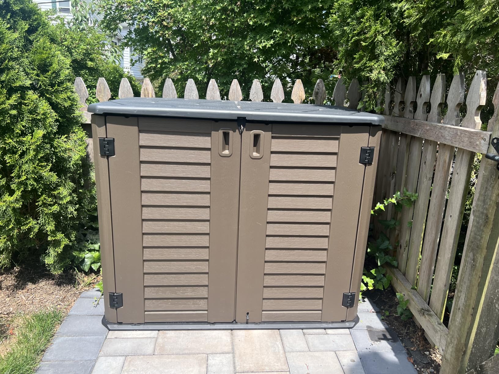 HOMSPARK Storage Shed Weather Resistance, Multi-Purpose Outdoor Storage Cabinet Waterproof, Outdoor Storage Cabinet for Bike, Garbage Cans, Lawnmower, Garden Accessories (coffee, Extra Large-48 cu ft) customer photo 1