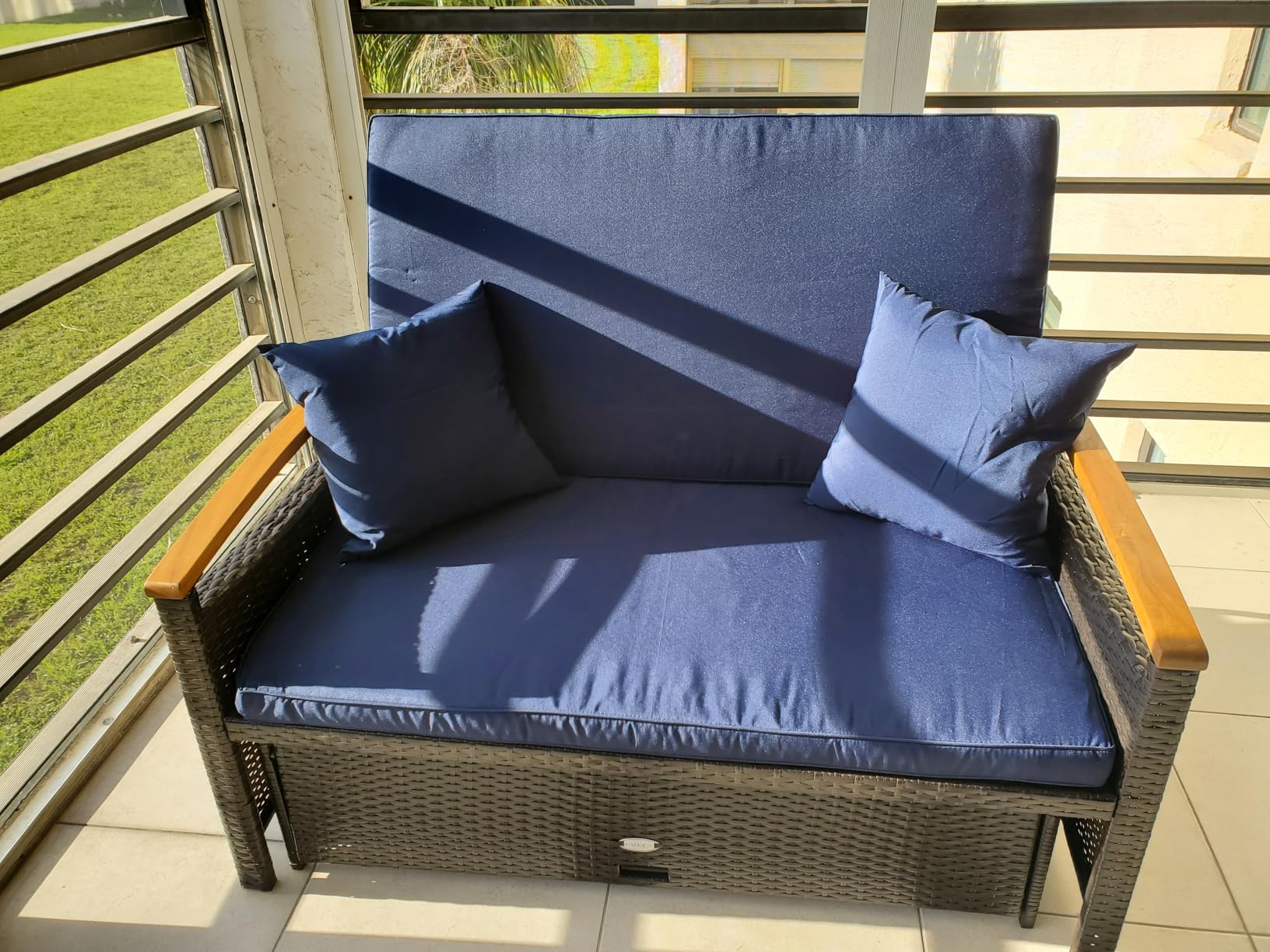 Tangkula Patio Rattan Daybed with 4-Level Adjustable Backrest, Outdoor Wicker Loveseat with Acacia Wood Armrest, Storage Ottoman & Folding Tray, Double Sunbed Lounger for Balcony, Backyard & Poolside customer photo 2