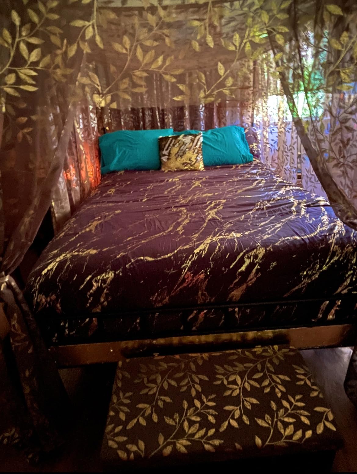LIKIMIO Canopy Bed Frame King, Storage Headboard with Charging Station, Platform Bed with 4 Removable Sturdy Posts, Noise Free, No Box Spring Needed, Vintage Brown customer photo 1