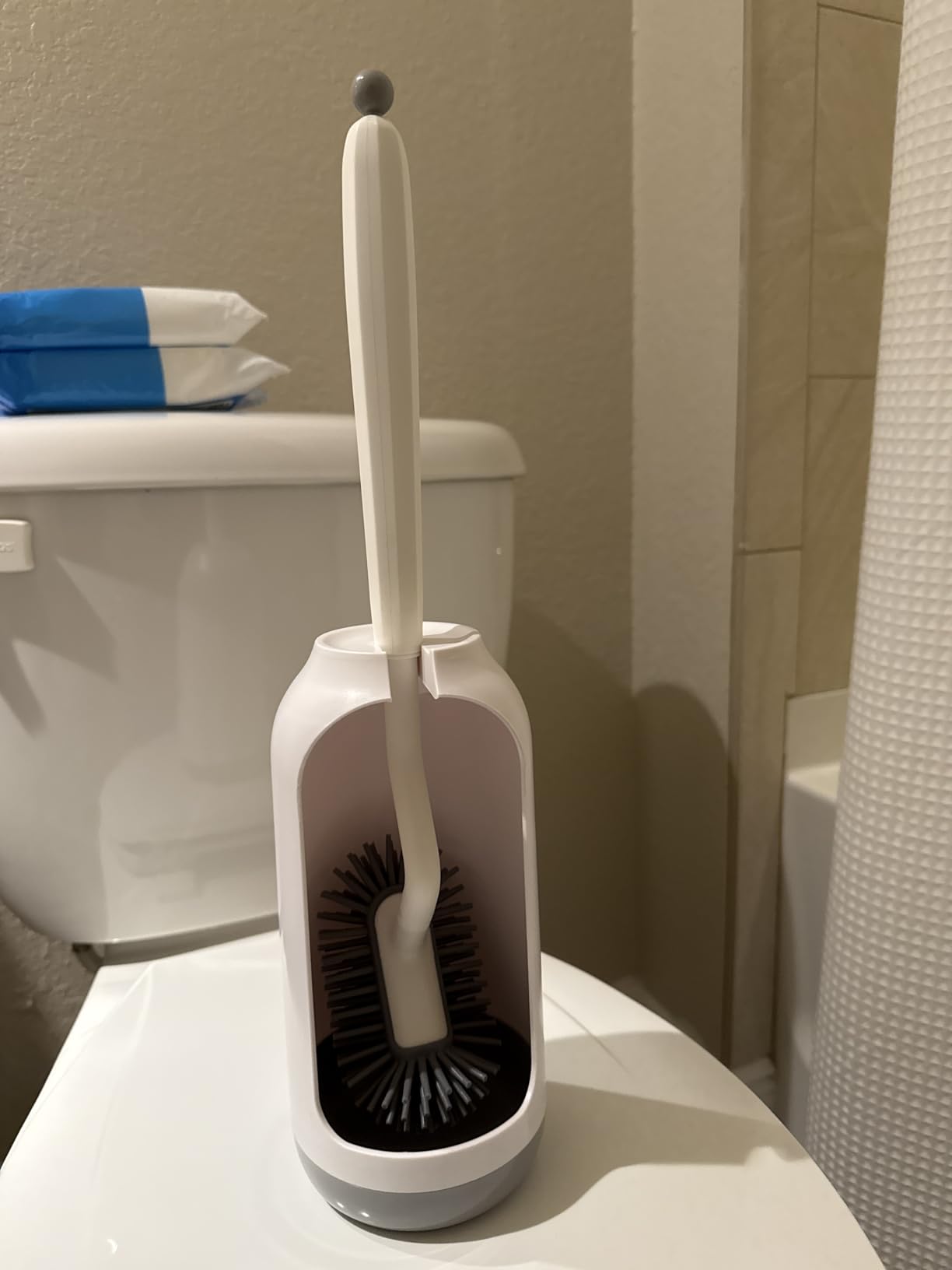 HAMITOR Toilet Bowl Brush Holder Set: Deep Cleaning Silicone Toilet Cleaner Scrubber Under Rim with Curved Bristle for Bathroom Dead Corner Clean - Modern Rv Toilet Decorative Accessories - White customer photo 1