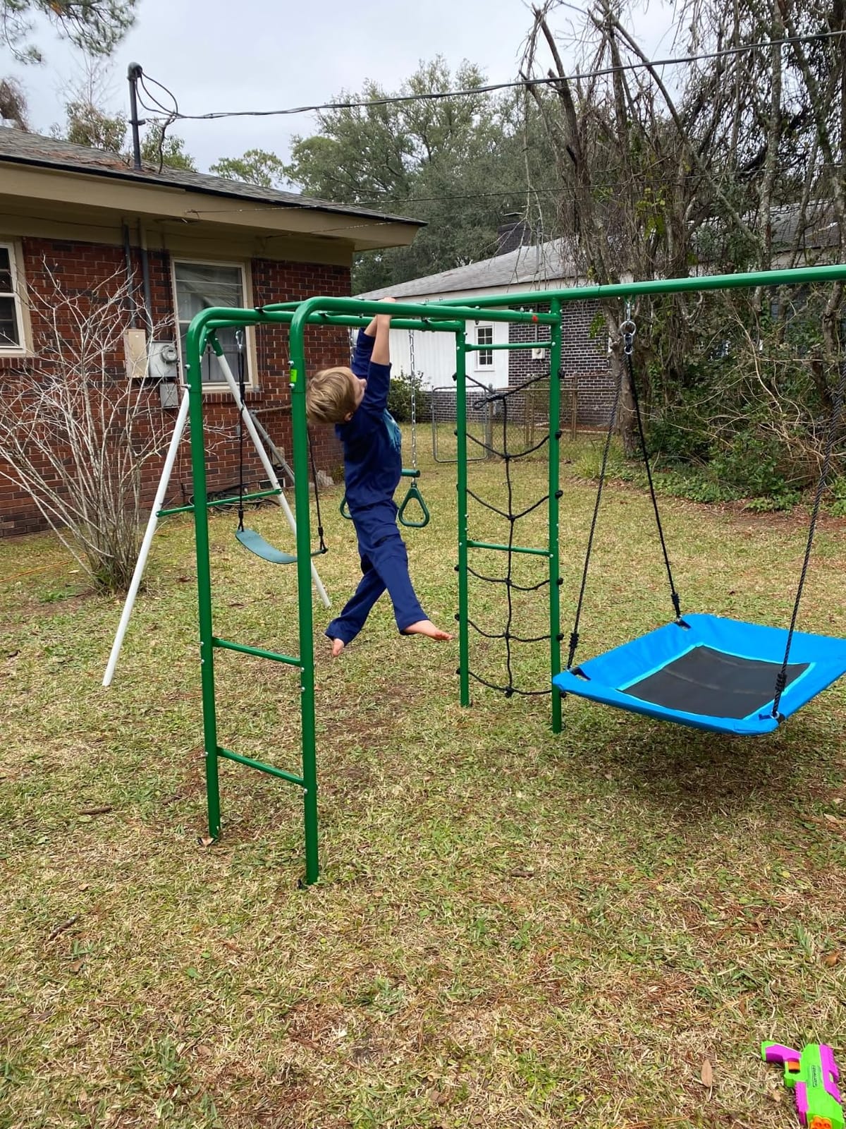 Hapfan Swing Sets for Backyard with Monkey Bars, 5 in 1 Playground Set | Monkey Bars + Belt Swing + Platform Swing + Climbing Net + Trapeze Bar, ASTM Tested | CPSC Safety Compliant (White & Green) customer photo 1