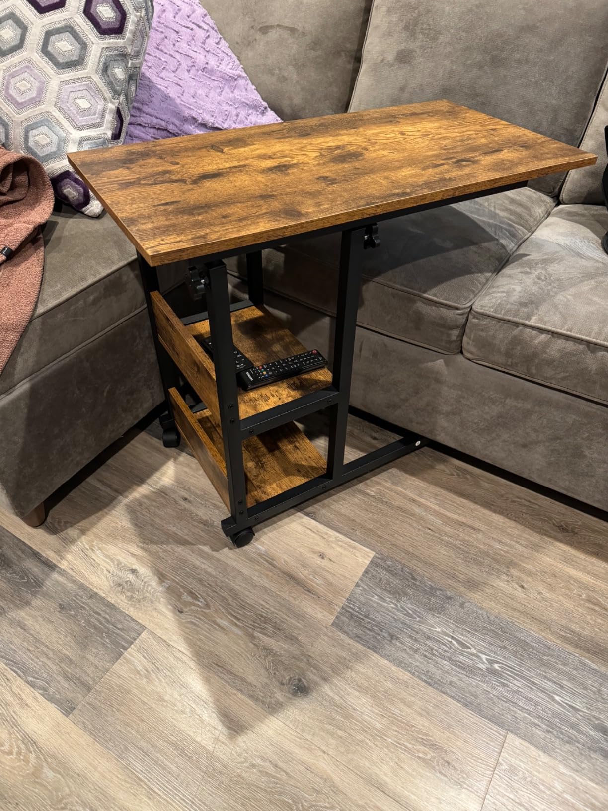 Hadulcet Adjustable C Table with Charging Station, Tiltable Desk C Shaped End Table for Couch, Over Bed Table with Wheels Adjustable Height, Hospital Table Laptop Stand Drawing Desk, Rustic Brown customer photo 1