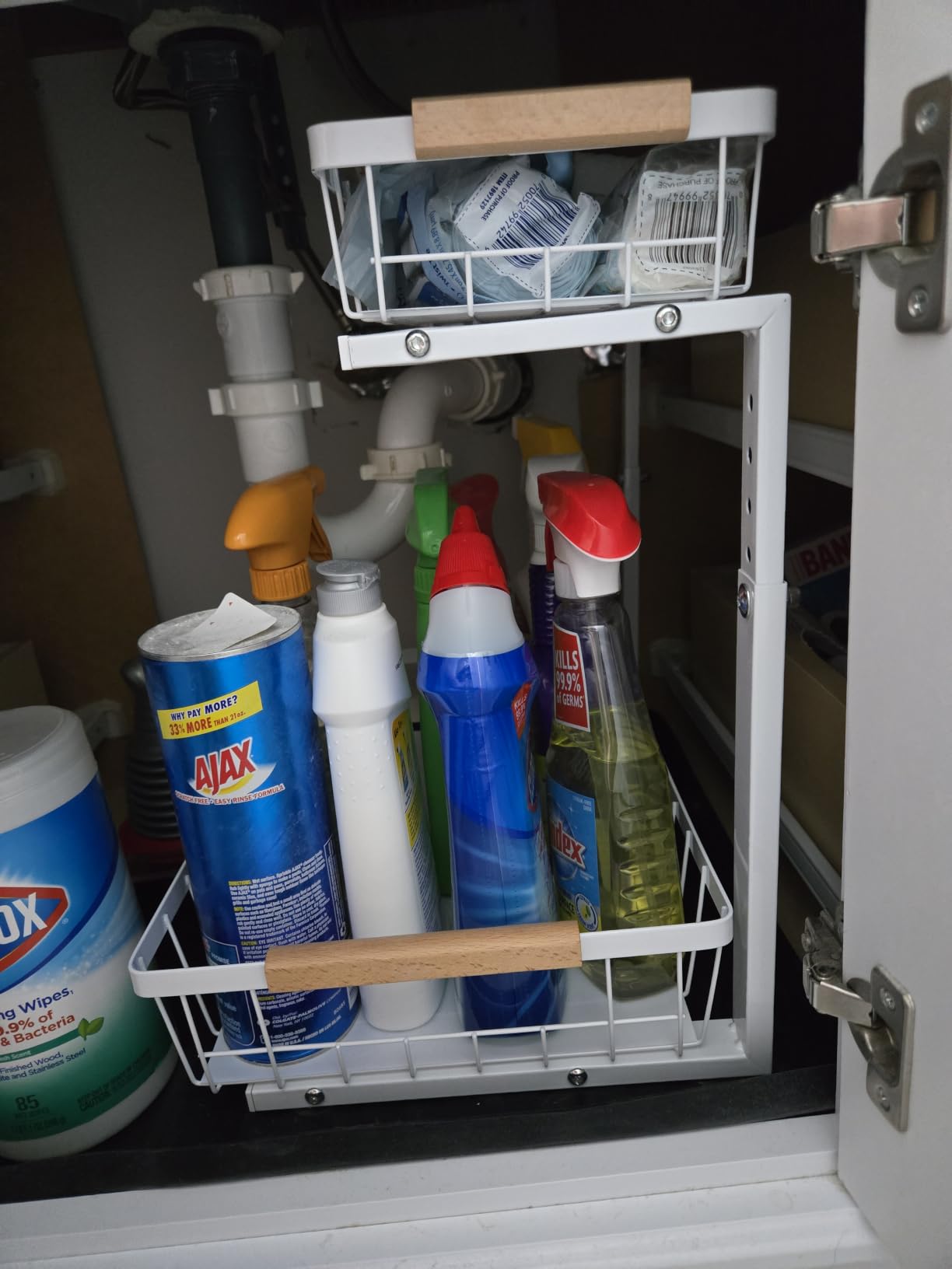 Kitstorack Under Sink Organizer, 2 Tier Under the Sink Storage, Slide out Pull out Cabinet Organizer Shelf, Metal Sliding Drawer for Kitchen Bathroom Pantry Closet Organization Rack, White, 2 Pack customer photo 1