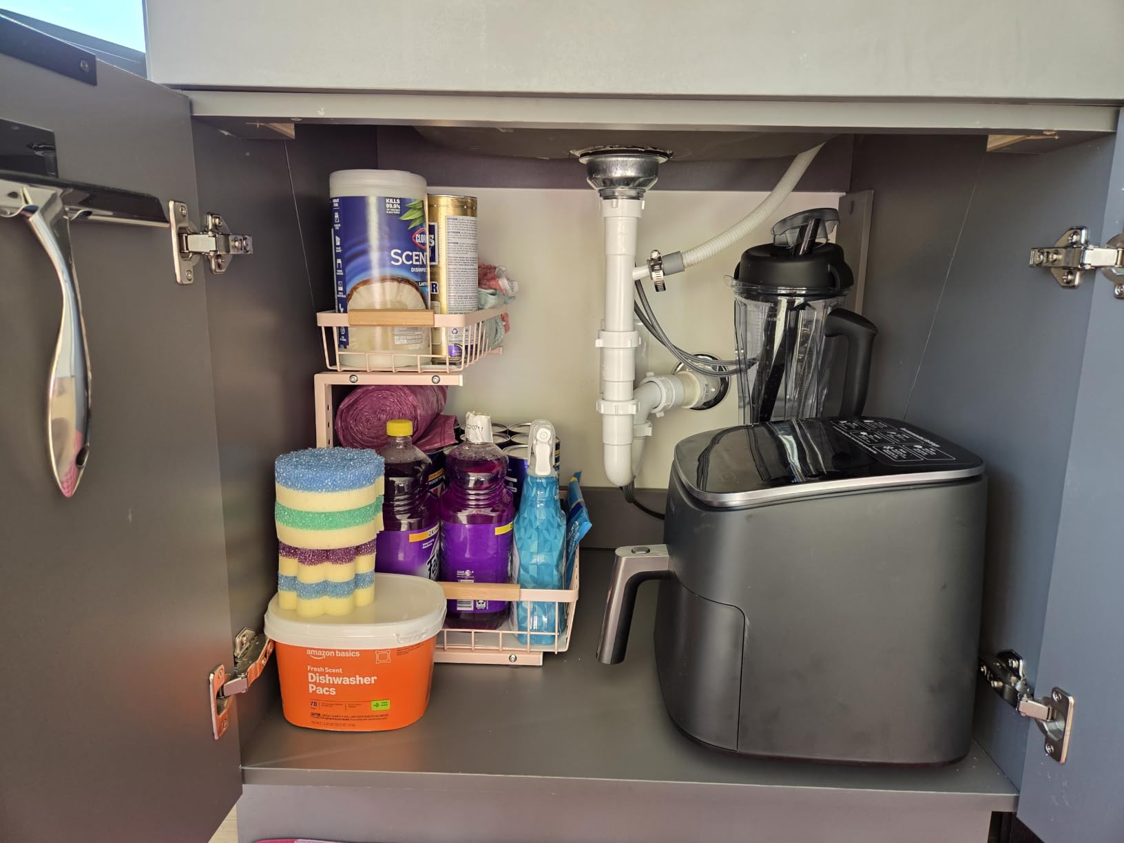 Kitstorack Under Sink Organizer, 2 Tier Under the Sink Storage, Slide out Pull out Cabinet Organizer Shelf, Metal Sliding Drawer for Kitchen Bathroom Pantry Closet Organization Rack, White, 2 Pack customer photo 2