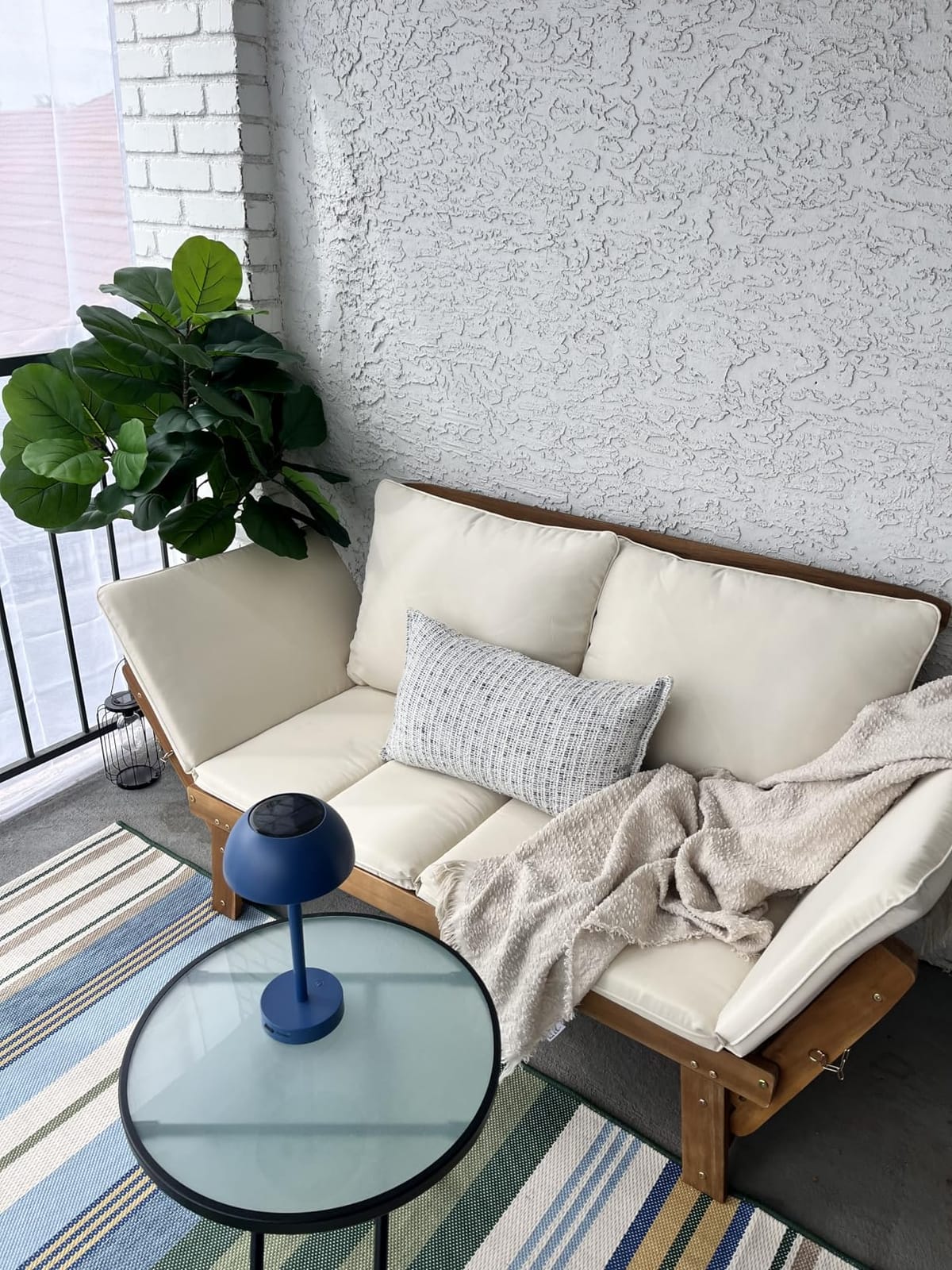 Devoko Outdoor Couch Acacia Wood Outdoor Sofa Balcony Furniture (Grey) | Adjustable Armrests Outdoor Loveseat, Convertible Patio Couch with Removable Cushions & Pillows for Patio, Porch, Poolside customer photo 2