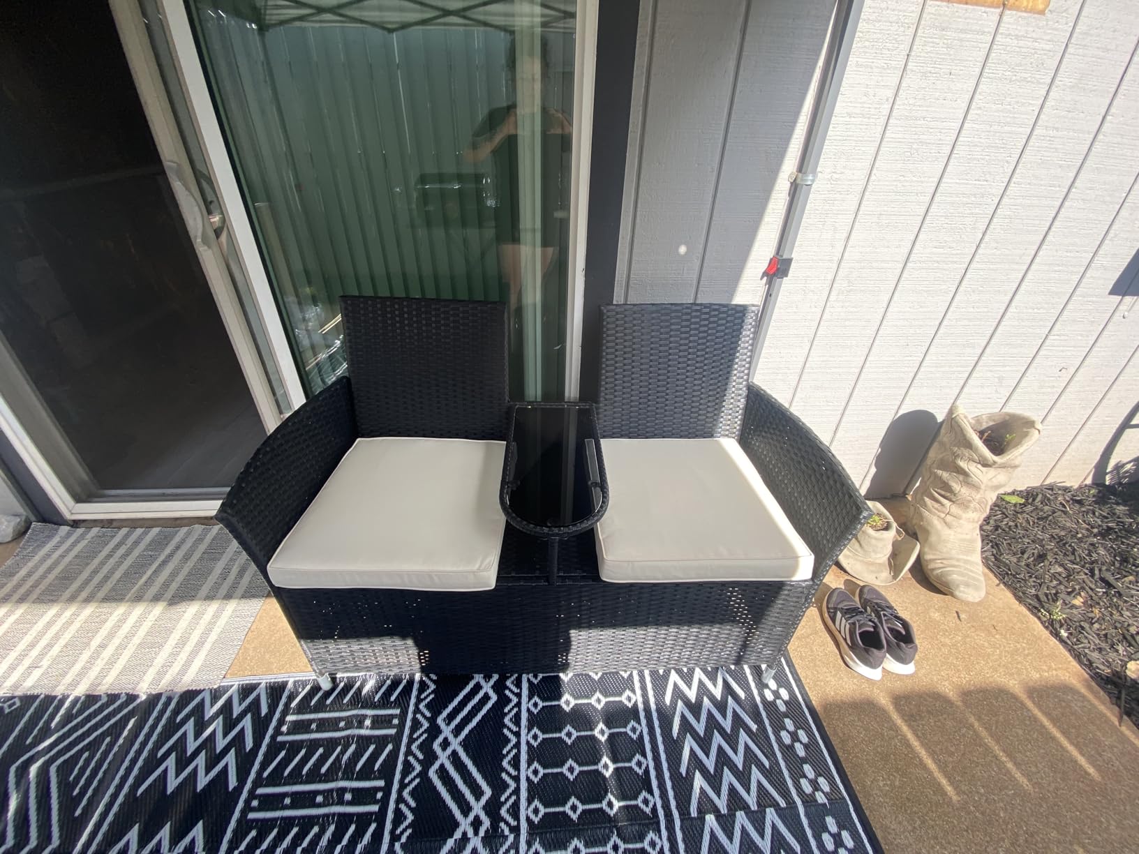 Yaheetech Patio Loveseat, Outdoor Wicker Double Chair w/Side Table | PE Rattan Furniture Set for Two People, Love Seat w/2 Removable Cushions & 1 Tempered Glass Side Table, Black/Beige customer photo 2