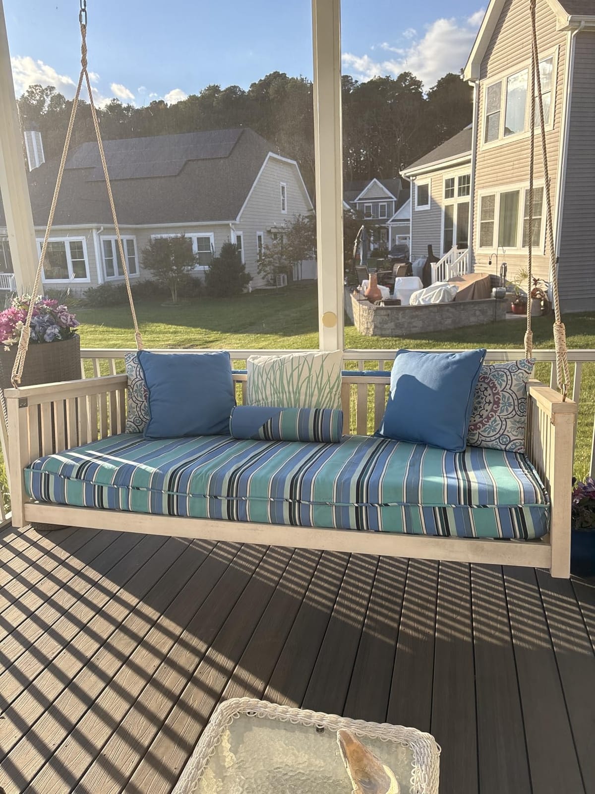 LUMISOL Outdoor Porch Swing Bed, Twin Size Acacia Wood Swing Bed Frame with Ropes, Swing Loveseat for Patio, Garden, Backyard, Safe Sloped Design, Black customer photo 1