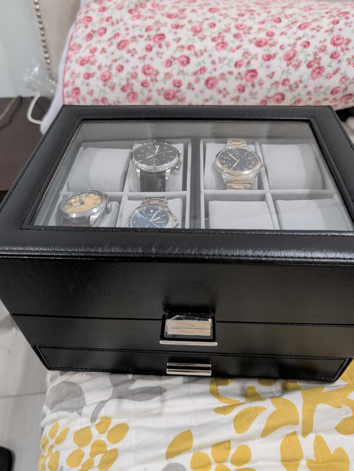Dajasan Watch Box, Watch Case for Men, 8 Slot Watch Display Case, 3 Layers Large Sunglass Storage Organizer for Watch, Ring, Jewelry, Gift Idea, PU Leather (Black) customer photo 2