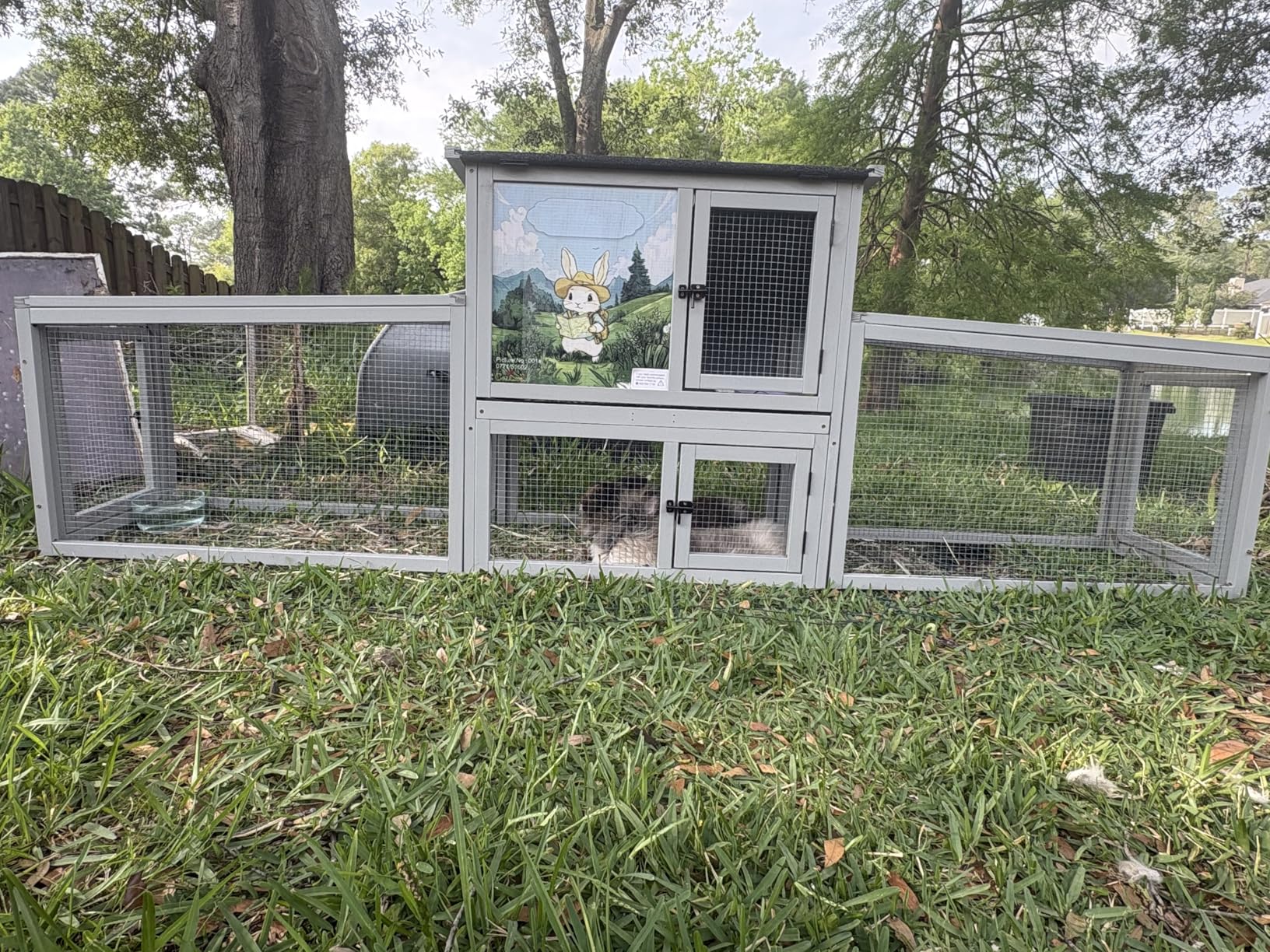 COZIWOW 95inches Extra Large Wood Rabbit Hutch Outdoor Easy to Assemble and Stable Bunny Cage Indoor with Cleaning Tray & Waterproof Roof for Small and Medium Bunny Rabbit Chick (Grey with Pattern) customer photo 2