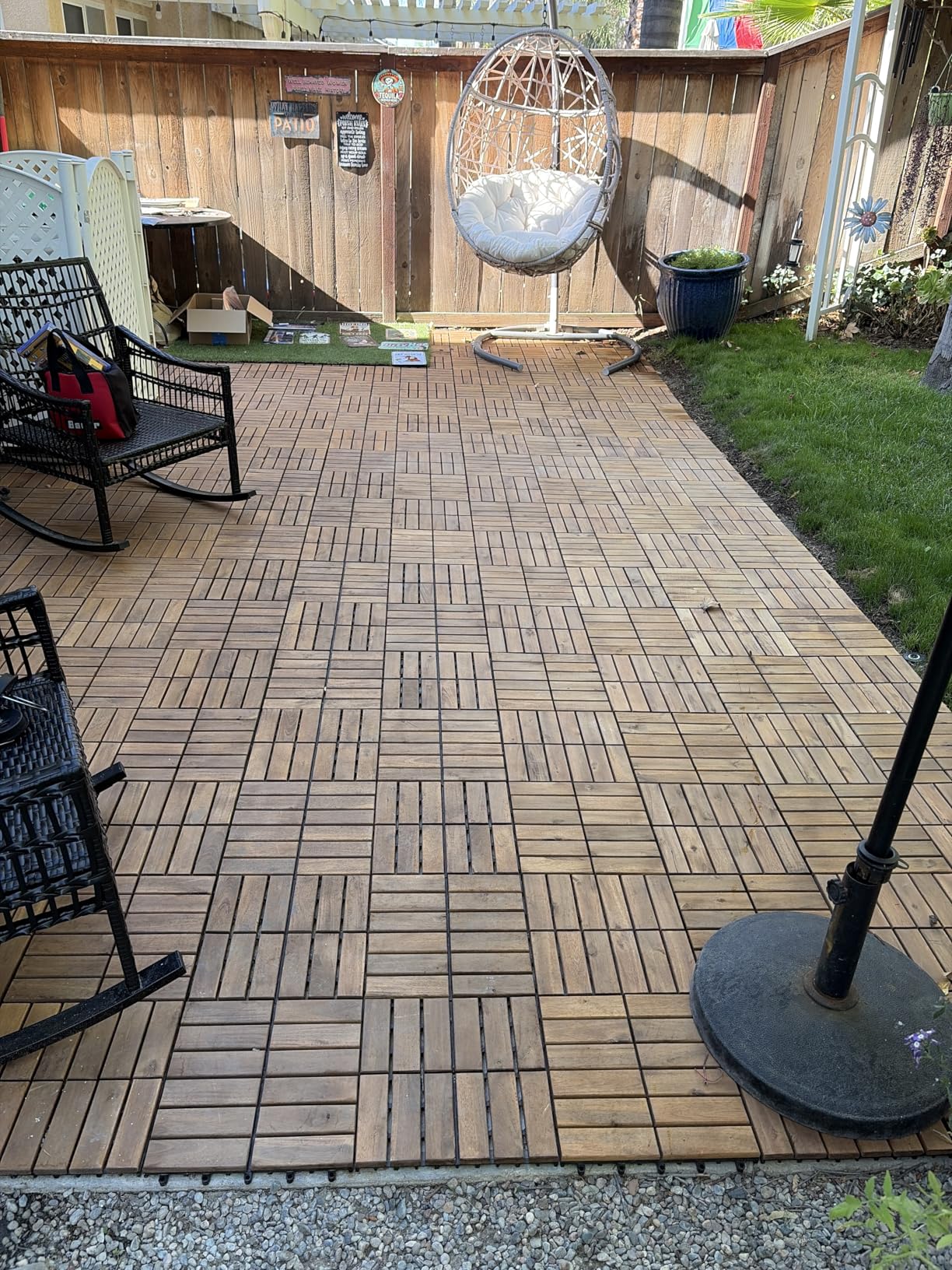 Yaheetech 108PCS Acacia Interlocking Deck Tiles Outdoor Patio Flooring, Wood | Slatted acacia wood tiles snap onto a PP base to cover concrete patios, porches, decks, and balconies in a natural finish. customer photo 1
