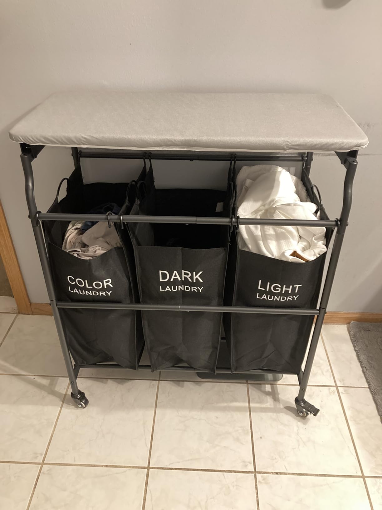 Hoctieon 3 Section Laundry Sorter with Iorning Board, Laundry Hamper, Gray | Lockable Wheels, Laundry Basket Organizer, Heavy Duty Clothes Separator, Removable Bags, Laundry Cart for Bedroom, Bathroom customer photo 1