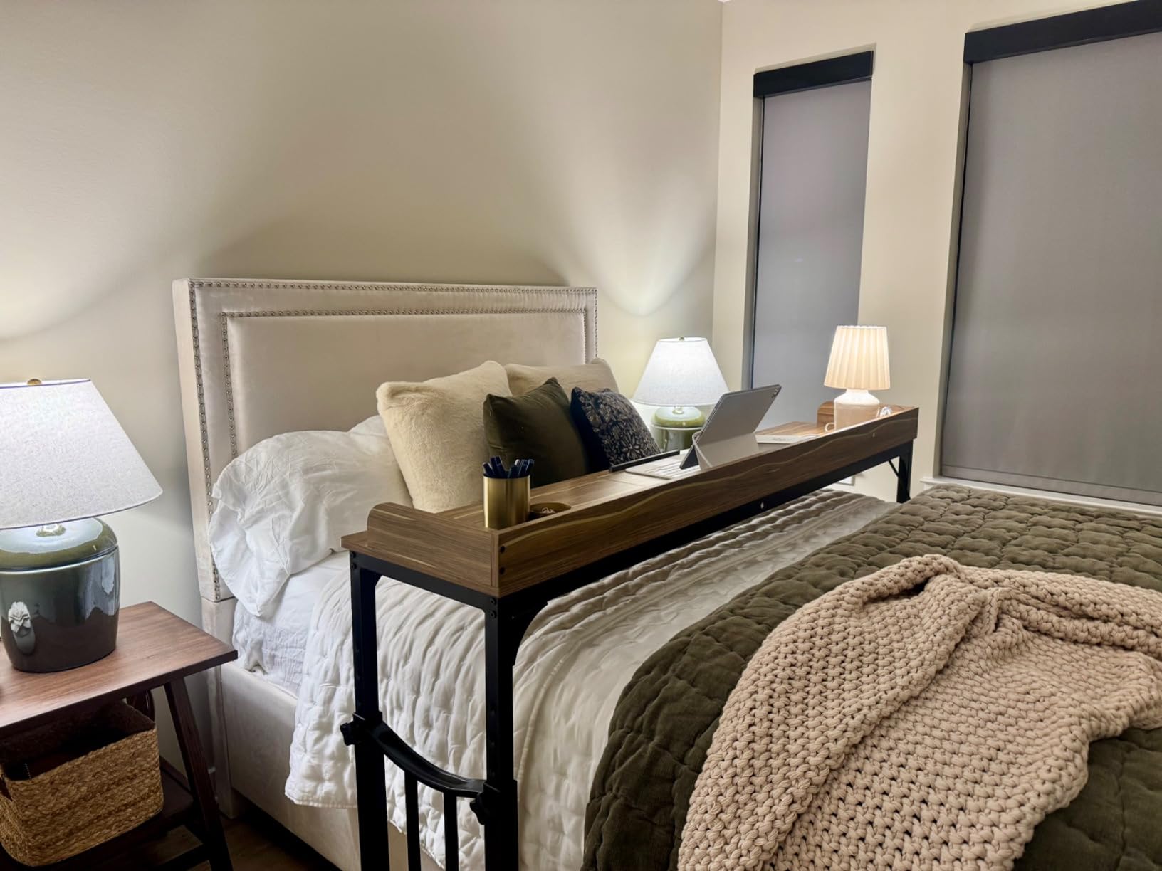 71 in Queen Size Overbed Table with Wheels, Light Brown | Height Adjustable, Bed Table with Adjustable Tilt Board, Mobile Laptop Cart Computer Desk with Power Outlets, USB Ports customer photo 1