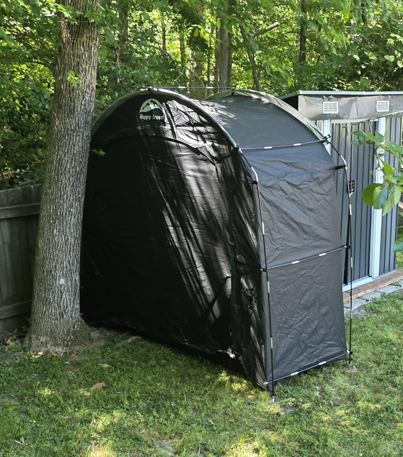 Happy Travel Bike Storage Shed Tent, Waterproof Portable Bicycle Cover Shed | 30% More Top Storage Space for 2/3/4/5 Bikes, Clips Easy Setup Outdoor Sheds Shelter for Motorcycle, Garden Tools, Lawn Mower customer photo 1
