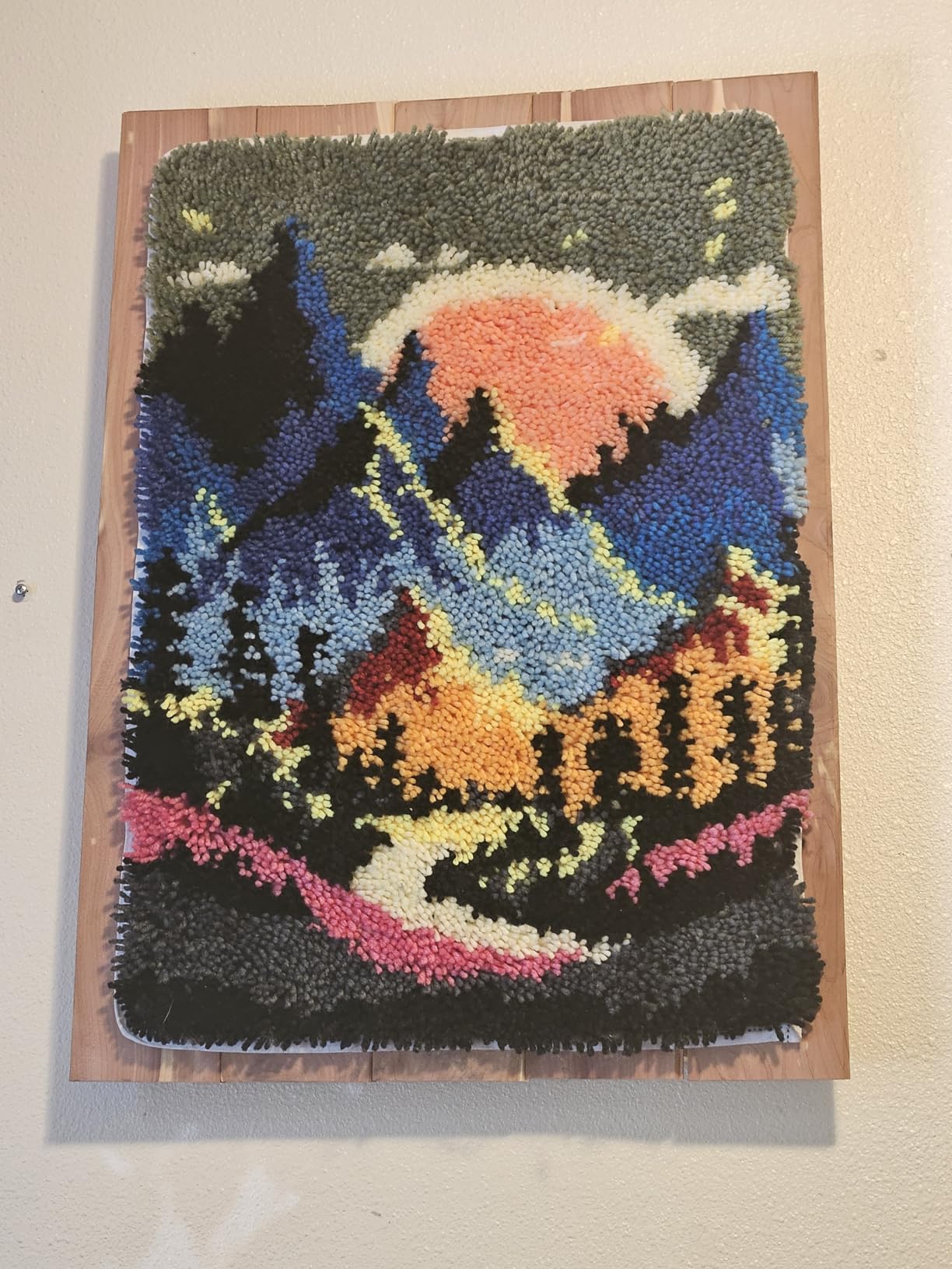 Landscape of Sunset Mountain Tree Latch Hook Rug Kit for Adults DIY Carpet Cushion with Printed Canvas Crochet Yarn Craft Hook and Latch Tapestry for Home Decor Pets Warm Pads 60x40cm customer photo 2
