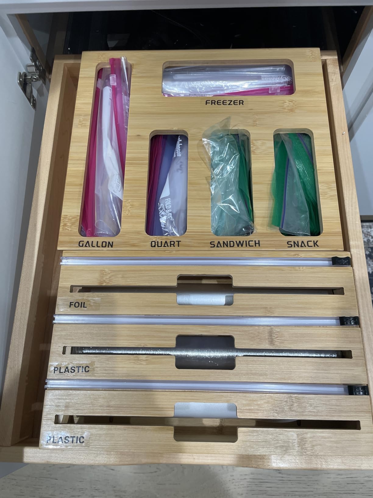 9 IN 1 Bamboo Foil and Plastic Wrap Organizer for Kitchen Drawer, Plastic Bag Organizer Organization and Storage, Food Storage Bag Organizer with Labels for Quart Gallon Snack Sandwich Bag customer photo 1
