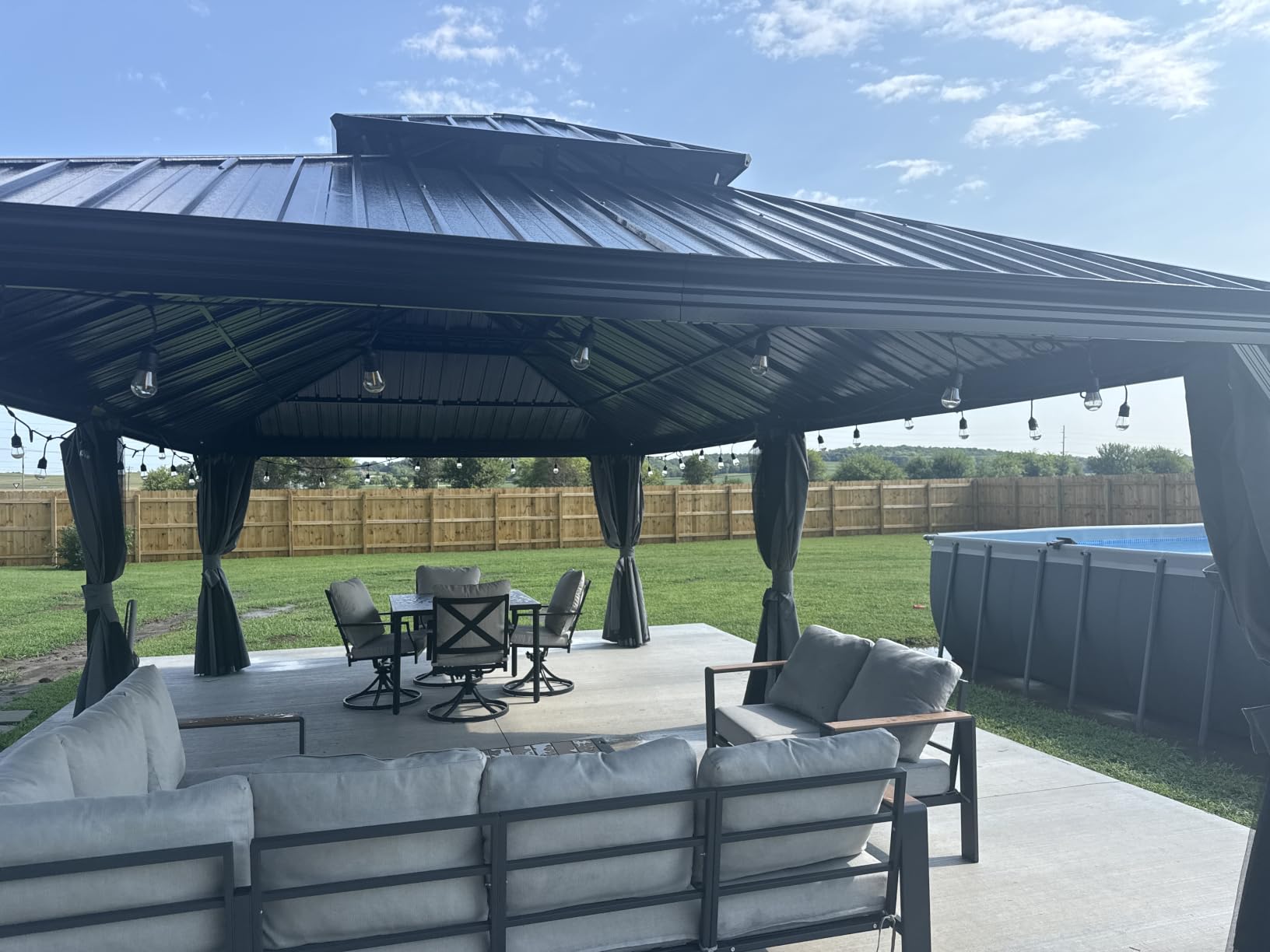 Aoxun Hardtop Gazebo, 12 x 16ft Wooden Finish Coated Aluminum Frame Canopy, Galvanized Steel Double Top, Outdoor Permanent Metal Pavilion with Curtains and Netting, for Backyard, Patio and Deck customer photo 2