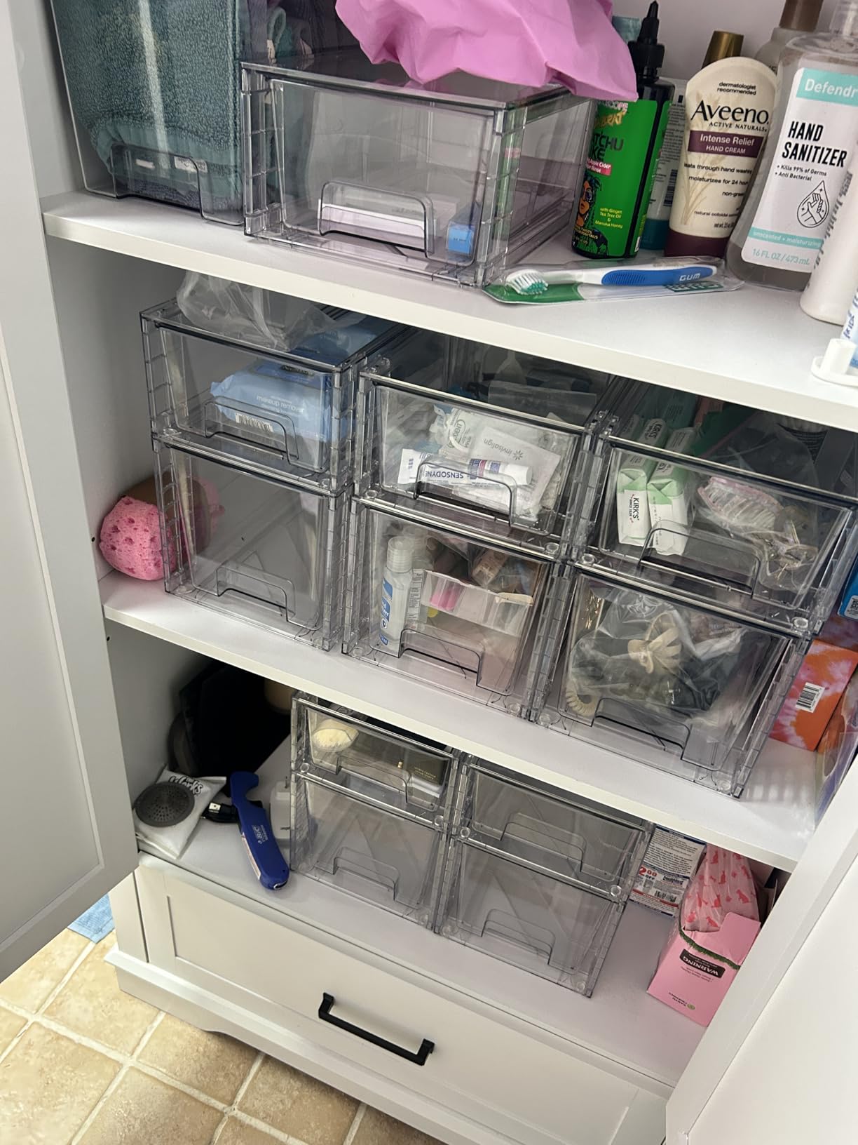 Vtopmart Clear Stackable Storage Drawers, 4 Pack Kitchen Cabinet Set | Medium and Small Pull-Out PET Drawers with Stackable Design for Kitchen Cabinets, Pantry, Under Sink, Medicine customer photo 1