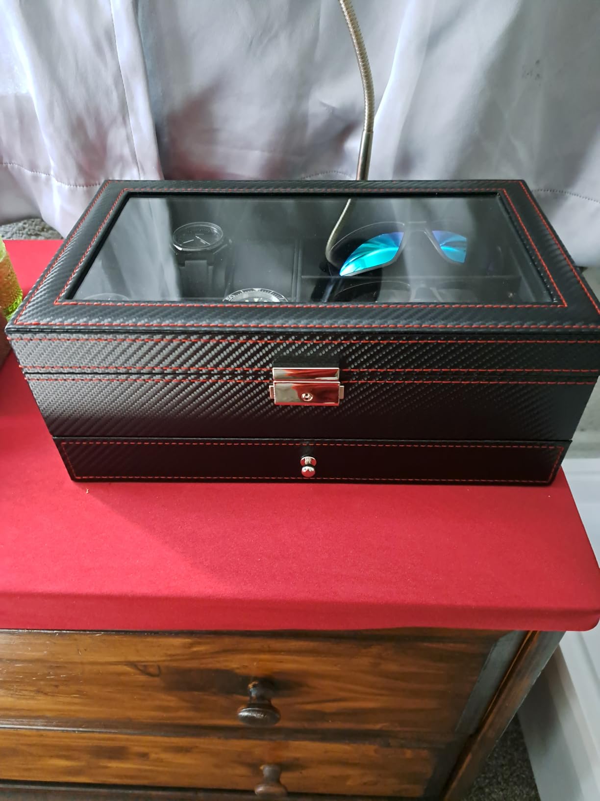 Kukikan Watch Jewelry Box Organizer, 6-Slot 2-Layer Watch Case and Sunglasses Storage with Large Glass Lid, Men's Jewelry Box with Lock, Watch Holder Display Case, Fathers Day Gift for Dad customer photo 1