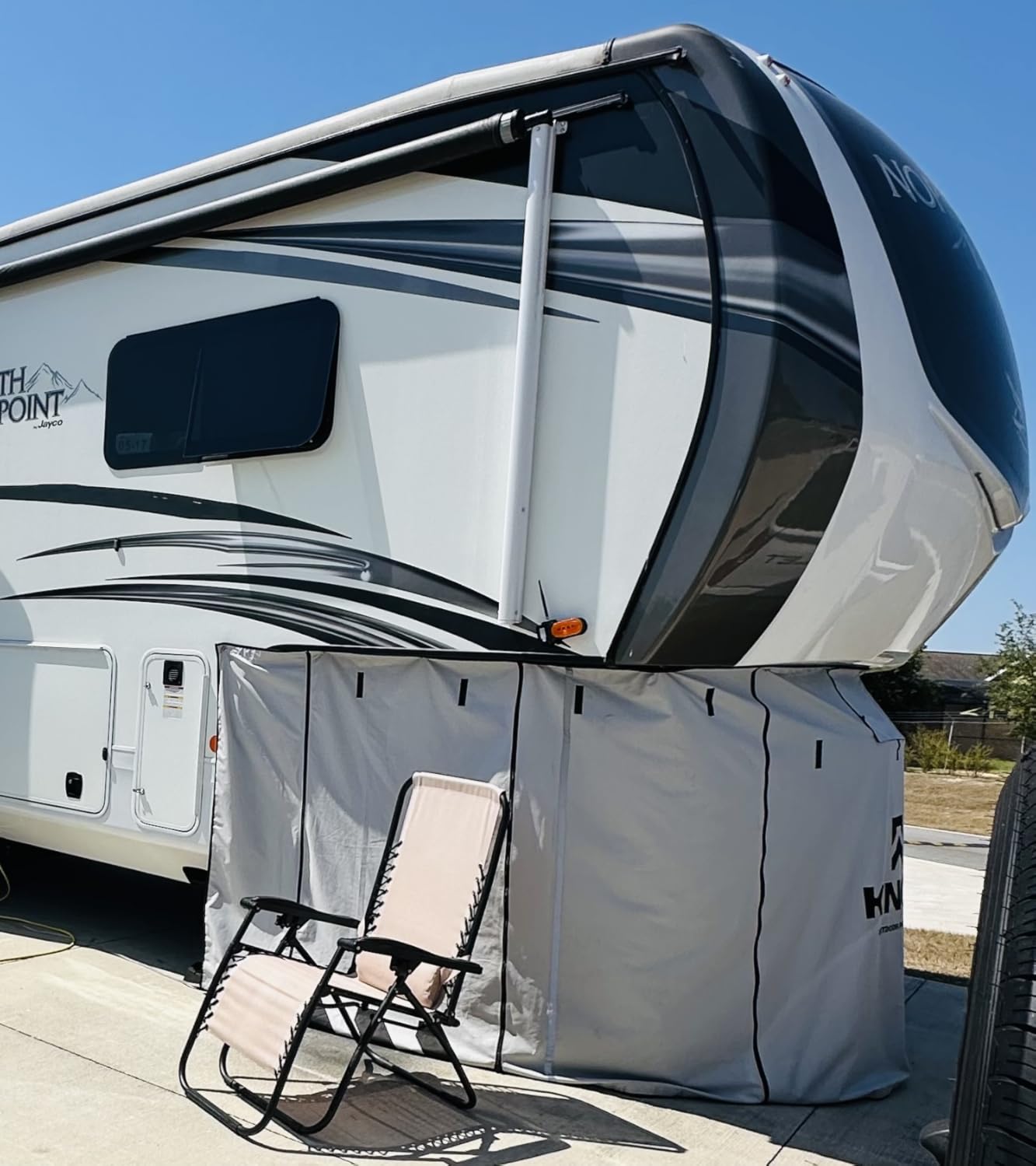 KNOX RV Skirt, All-Weather Protection 5th Wheel Skirt with Twist Fasteners, Anti-Tear RV Skirting with Reflective Strips, Zippered Panels, Anti-UV Winter Storage RV 5th Wheel Accessories, 5.5x22.1-Ft customer photo 1