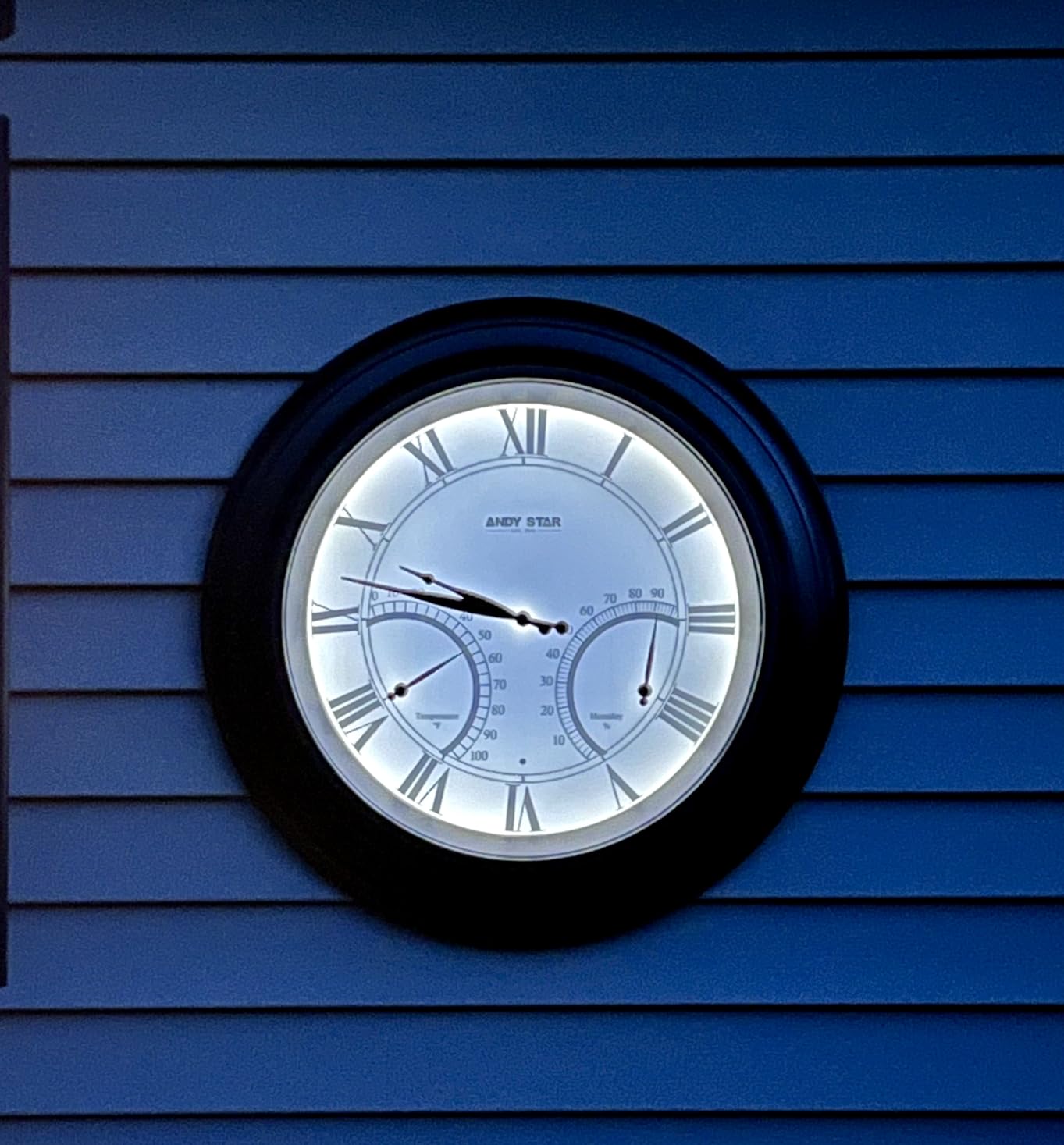 ANDY STAR 24 Inch Outdoor Clocks Waterproof, Large Outdoor Wall Clocks for Garden Patio Pool, Weatherproof Illuminated Metal Clock Battery Operated with Thermometer & Hygrometer, Silver Non Ticking customer photo 2