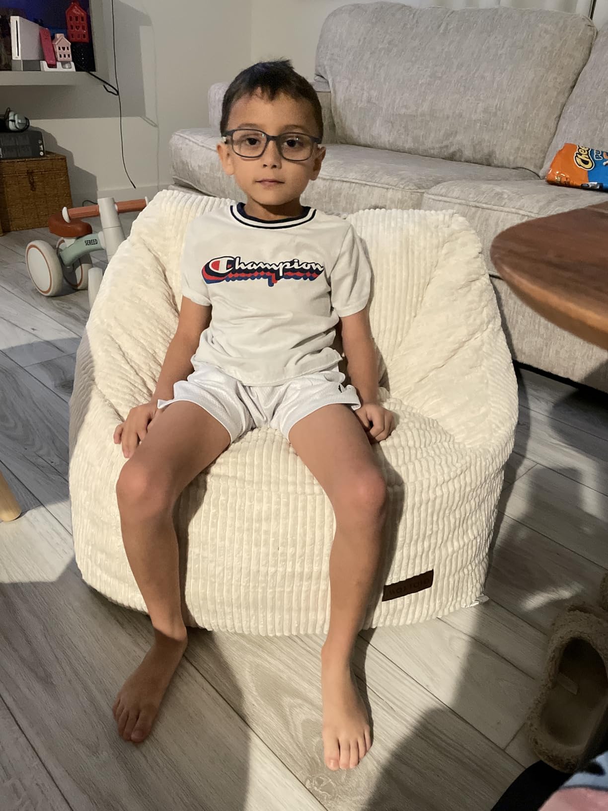 MAXYOYO Kids Bean Bag Chair, Bean Bag Couch with Handle, Comfy Toddler Chair for Boys and Girls, Accent Sofa Chair with Pocket for Gaming Reading Relaxing, Beige customer photo 1