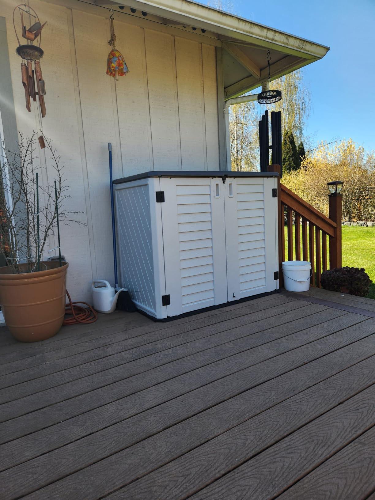 Mrosaa Outdoor Patio Storage Shed, Waterproof Horizontal Outdoor Storage Cabinet for Garbage Cans, Tools and Lawnmower Lockable (34 Cu.ft-Warm-White) customer photo 2