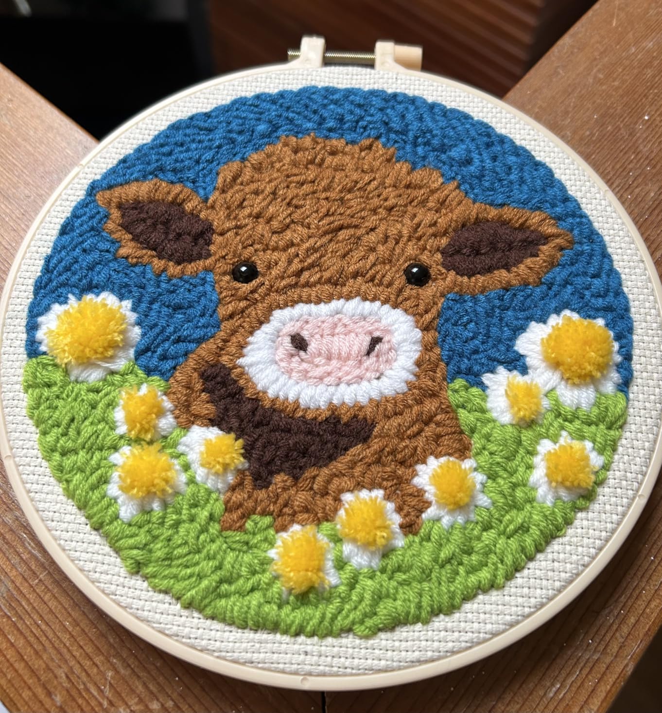 DIY Punch Needle Kits Highland Cow with Daisy Flower with Hoop 20x20cm-1 | with Pattern Stamped Easy for Beginners Embroidery Punch Needle Starter Craft Set for Adults Festival Gift and Decoration customer photo 2
