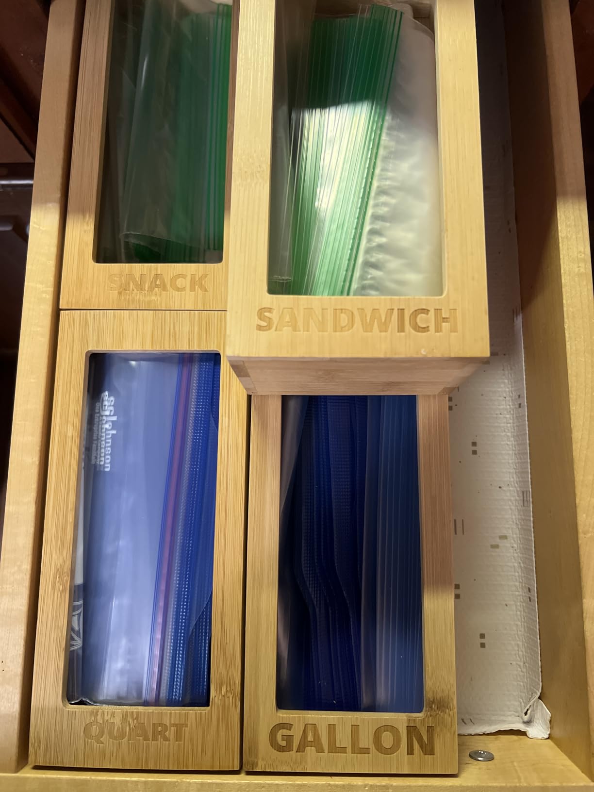 mHomeAid Bag Storage Organizer - Bamboo Food Plastic Baggie Holder, Dispenser, and Container for Kitchen Drawer - Fits Ziplock and Ziploc Gallon, Quart, Sandwich & Snack Sized Slider Bags customer photo 1