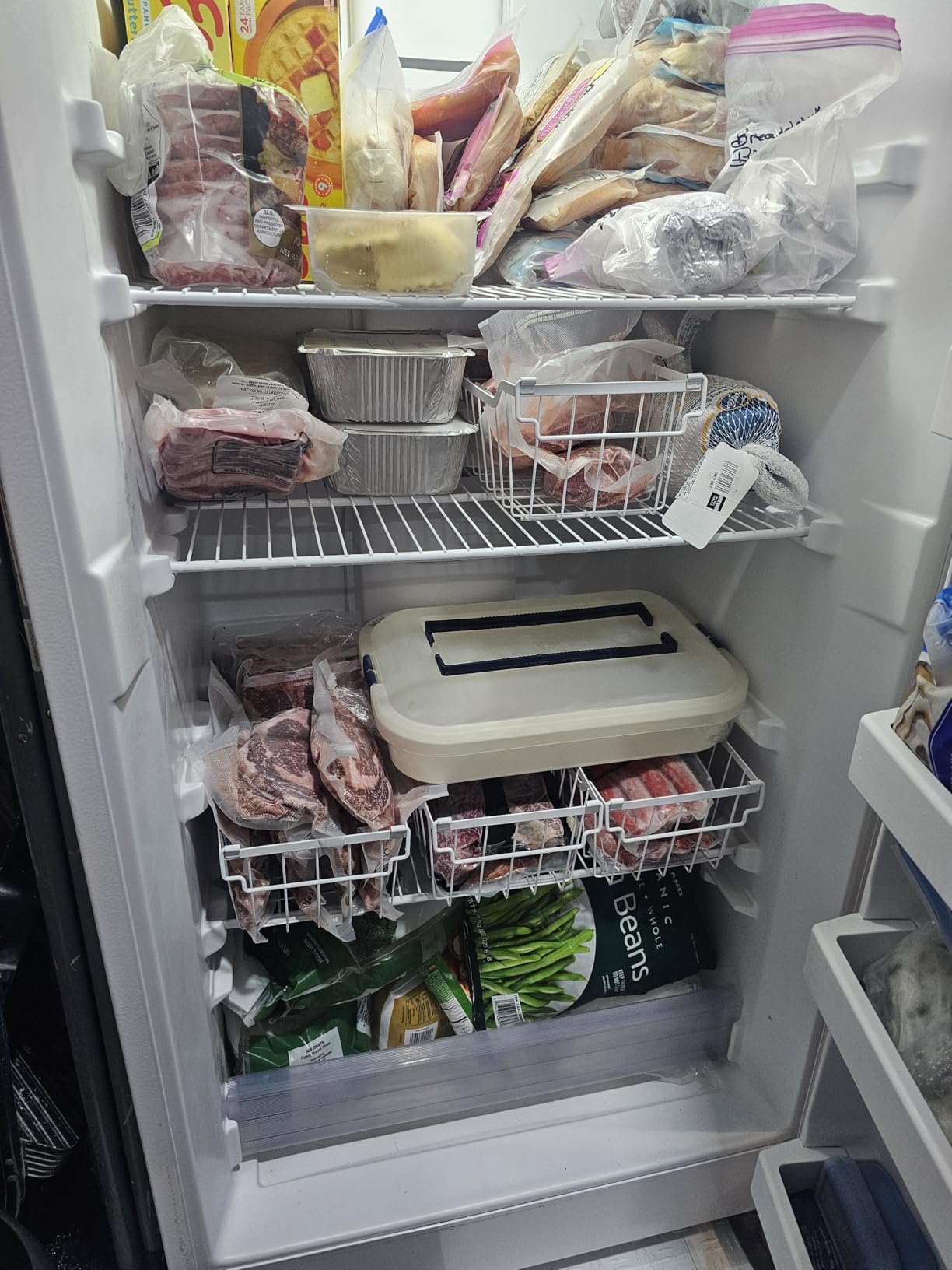 SUNALLY Freezer Organizer Bins, 4 Pack Stackable Chest Freezer Organizer for 5-7 Cu.FT Deep Freezer Sort Frozen Meats and Food, Freezer Storage Baskets with Handles Easy Reach from Bottom, Black customer photo 2