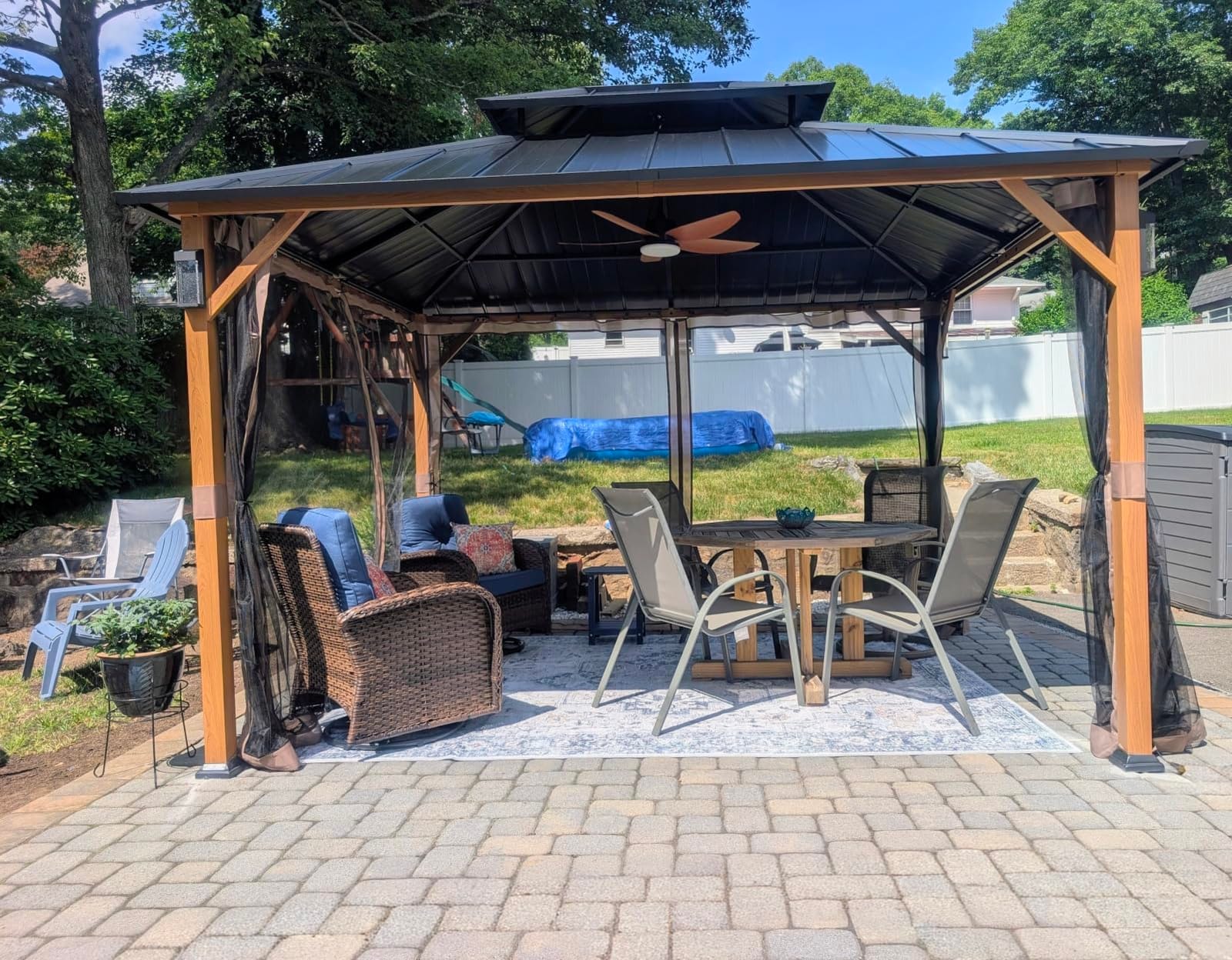 Modern Shade Hardtop Gazebo 12x20 with 4 LED Lights for Patio, Wood Grain | Hard Top Gazebo with Galvanized Steel Double Roof, All-Weather Metal Gazebo with Sturdy Hooks, Mosquito Net for Patio, Garden customer photo 2