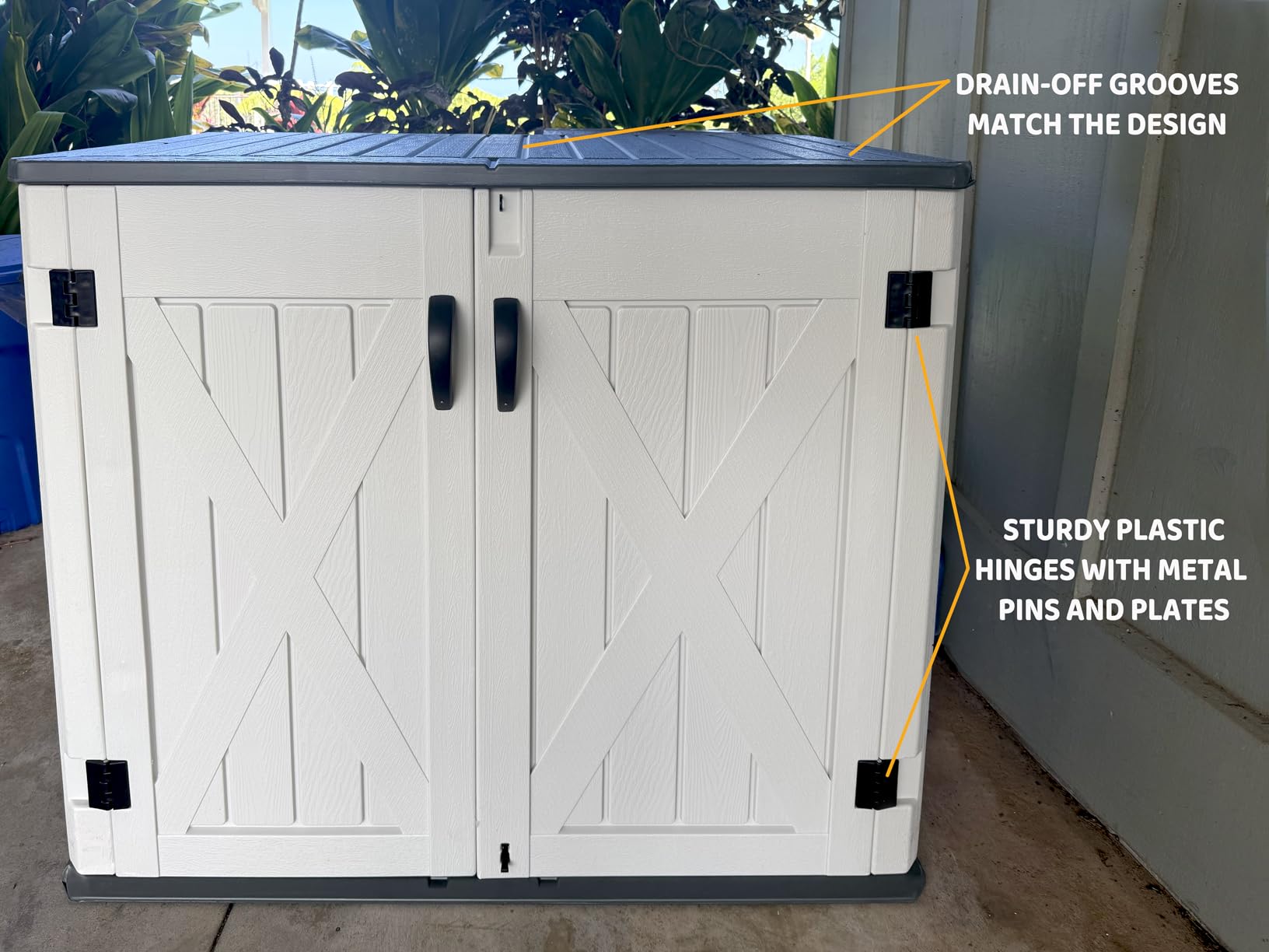 DWVO 35 Cu Ft Storage Shed with Unique X-Shaped Lockable Door, Outdoor Weatherproof Resin Shed Without Shelf for Waste Bins, Bicycles, Gardening & Lawn Equipment, Dark Gray customer photo 1