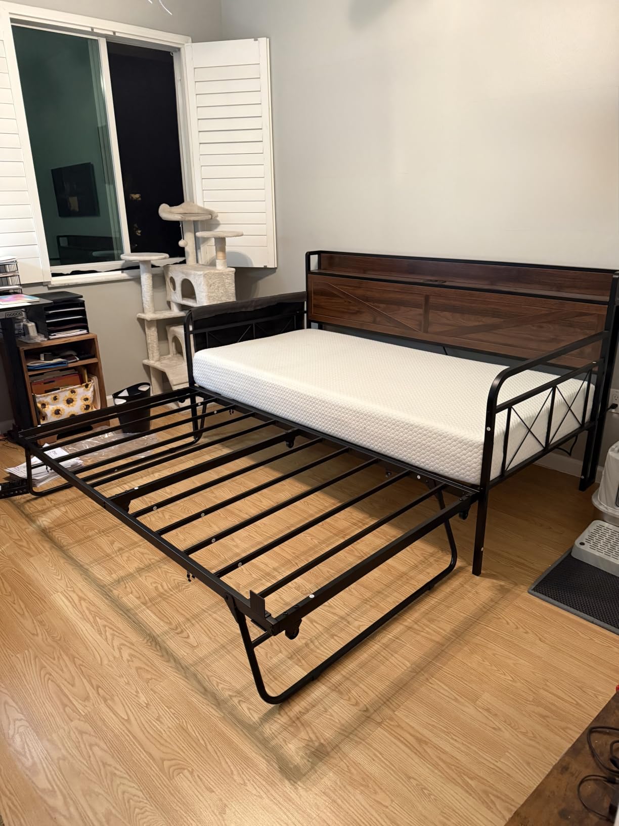 LIKIMIO Twin Daybed, Daybeds with Pop Up Trundle, Storage Headboard with Charging Station, Strong Supports for Apartment and Other Small Space, Industrial Brown customer photo 2