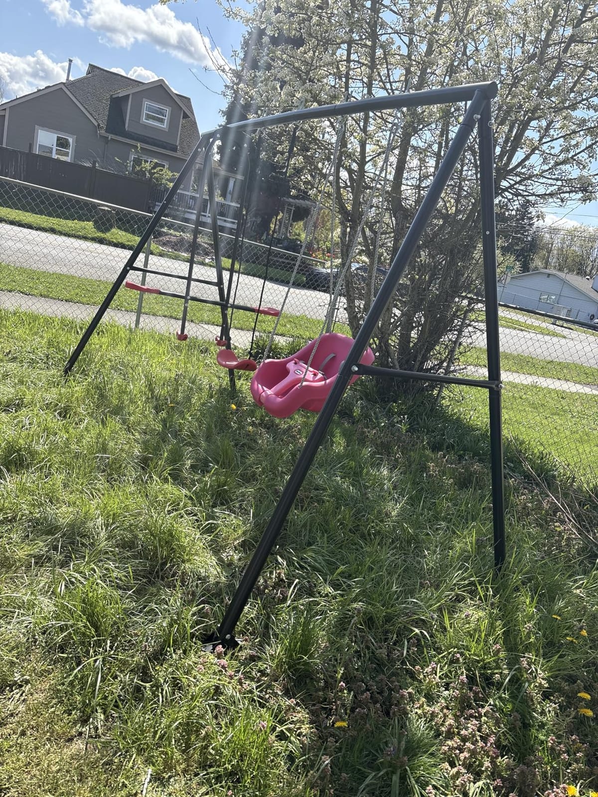 5 in 1 Kids Swing Sets for Backyard with Slide | Heavy-Duty Metal Swing Set with 39''Saucer Hammock,Hanging Seat,Soccer Goals & Basketball Hoop,Sturdy A-Frame customer photo 1