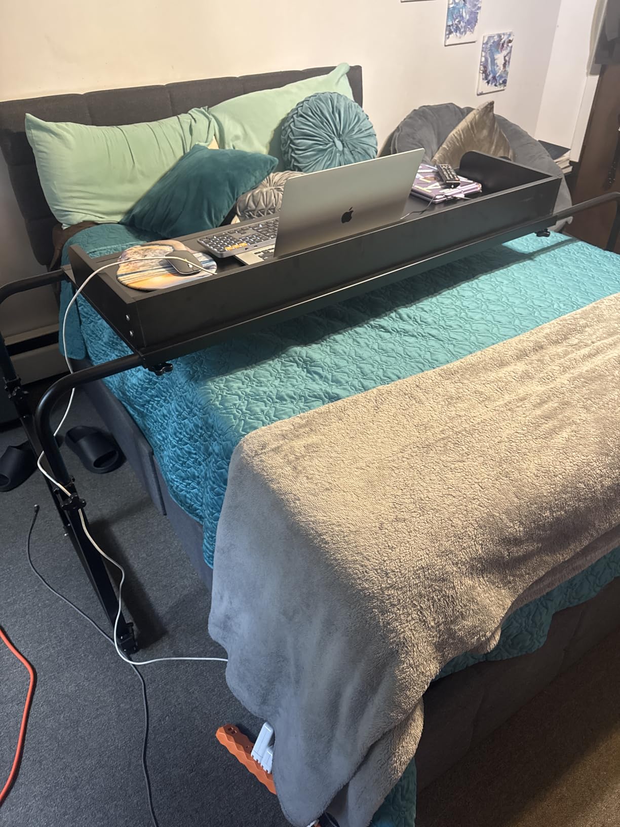 LINGMI Overbed Table with Wheels, Bed Desk Recliner Table (Rustic Brown) | Adjustable Height Laptop Table, Queen King Size Over The Bed Table with Metal Leg customer photo 2