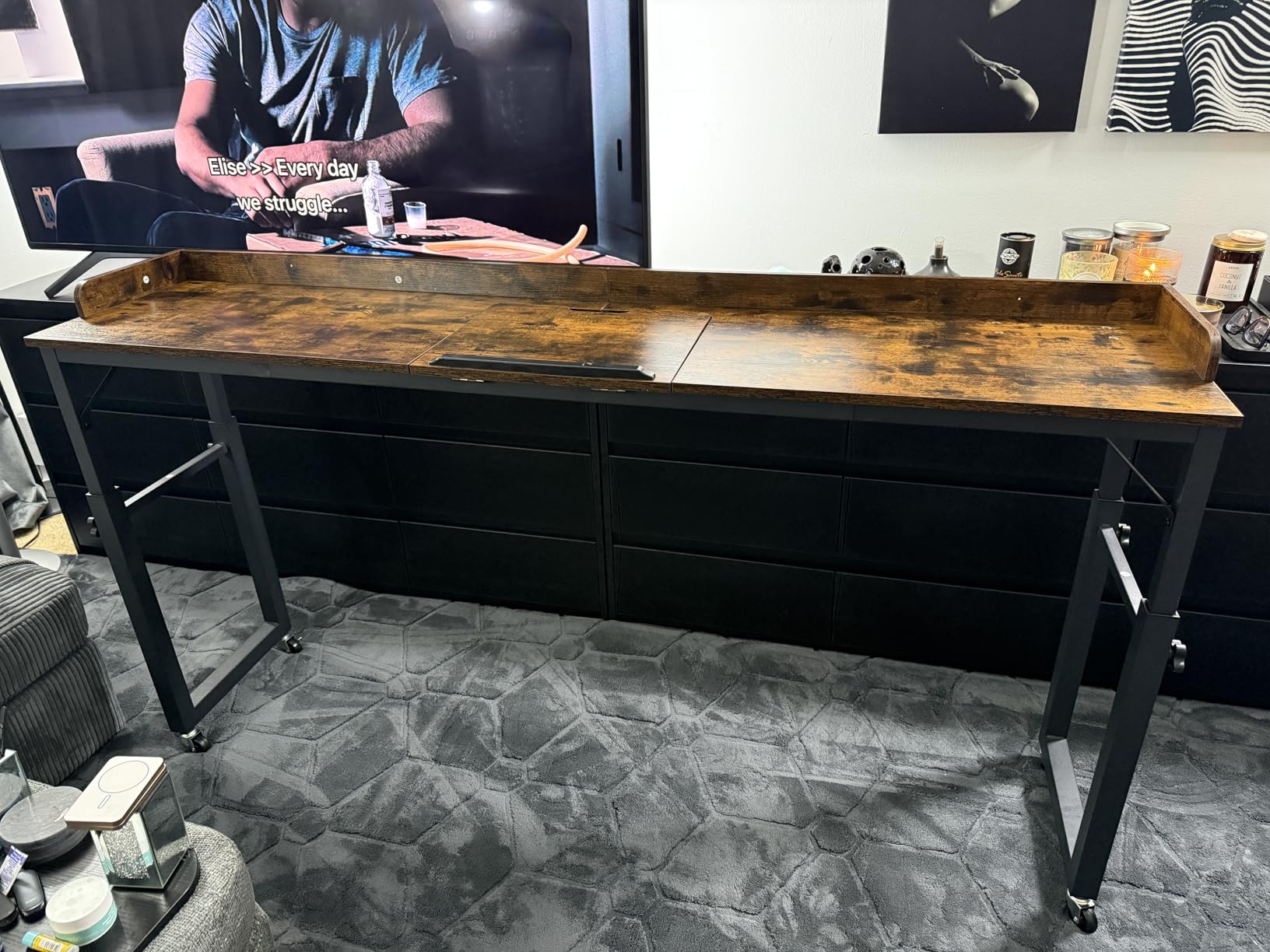 MAHANCRIS Overbed Table with Wheels, Queen Size Mobile Bed Desk with Adjustable Height, Computer Desk with Tilt Stand, Rolling Laptop Table, Recliner Desk for Office, Hospital, Rustic Brown MTHR18101 customer photo 1
