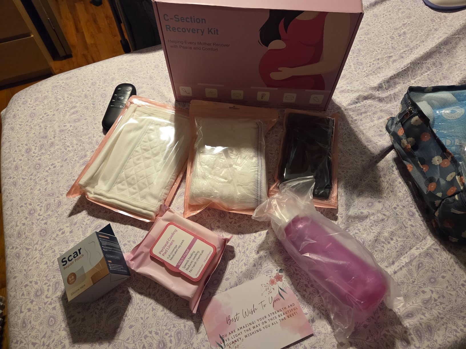 C Section Recovery Kit, Csection Postpartum Essentials | Peri Bottle, 6 Disposable Mesh Underwears, Witch Hazel Pad Liners, Silicone Scar Patches, Abdominal Belly Binder, Socks, Card customer photo 2