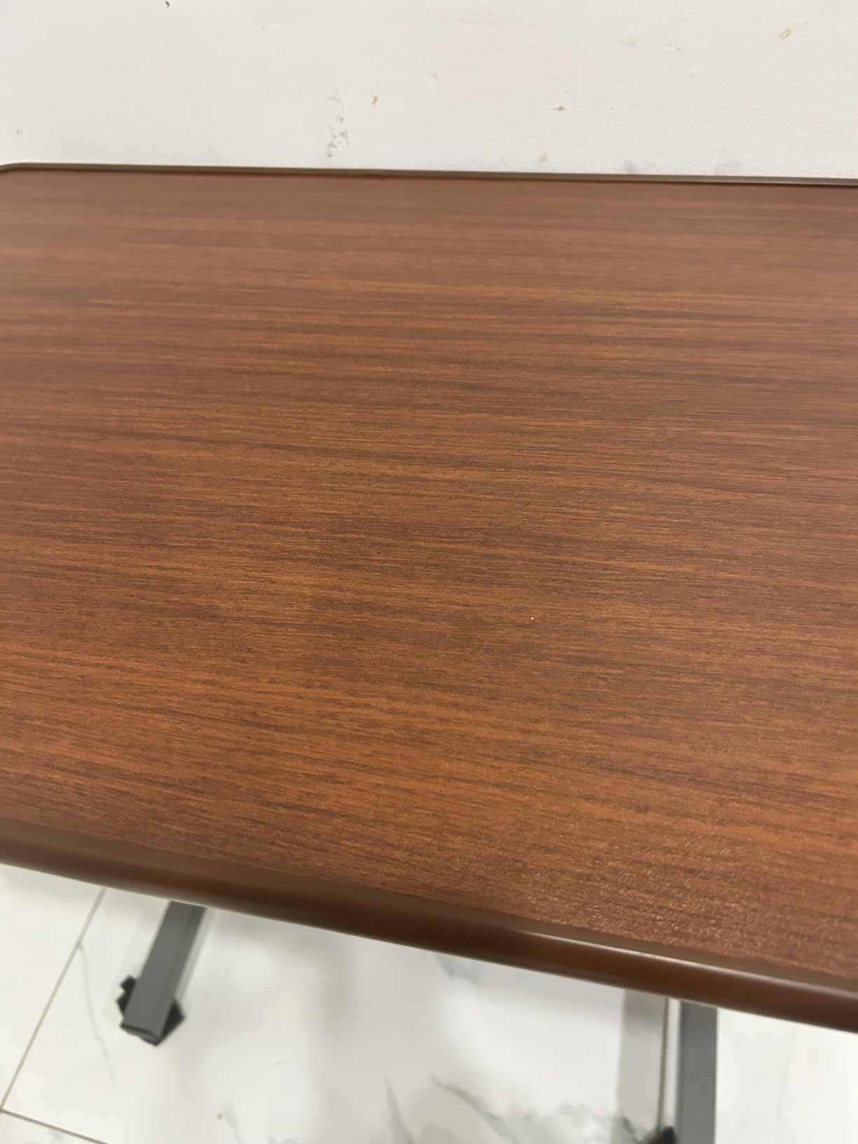 WOTURE Pneumatic Adjustable Overbed Bedside Table with Wheels - Hospital & Home Use, Medical Bed Table, Mobile Standing Desk, Rolling Laptop Cart, Non Tilt Surface (Walnut) customer photo 2