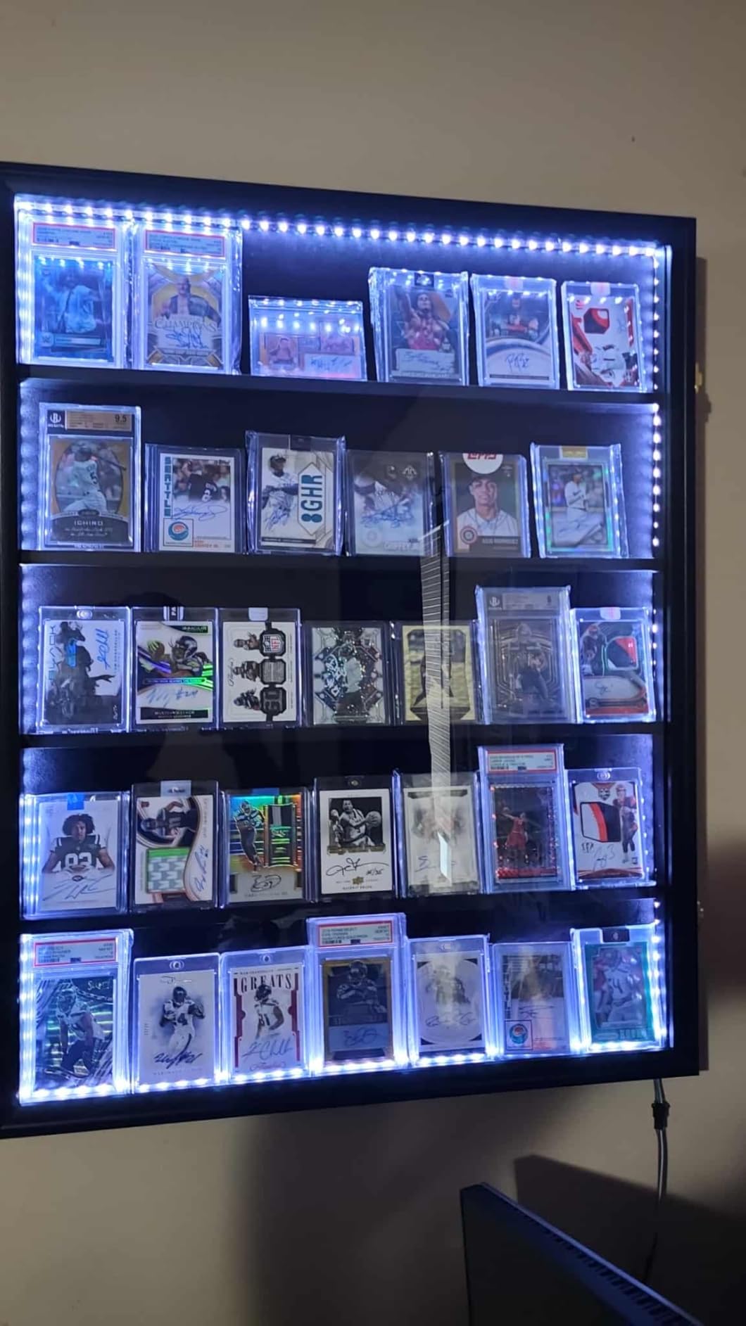 VERANI 35 LED Graded Sports Baseball Card Display Case Wall Mount Black | Large 35-slot inner space,Built-in soft LED light strips,Fully sealed dustproof structure,Wall mount vertical design customer photo 2