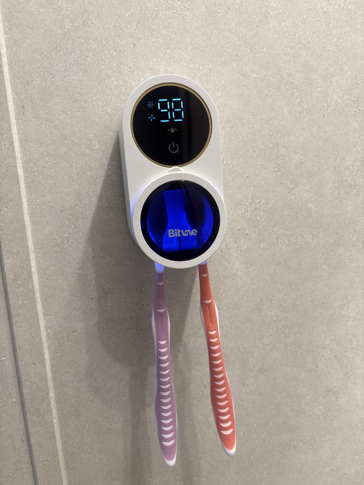 Bitvae Upgraded Tooth Brush Holder for Bathroom 2.0 Infrared Sensing - Toothbrush Cleaner, Wall-Mounted, Air Drying, LED Smart Screen, White Gold Trim customer photo 2