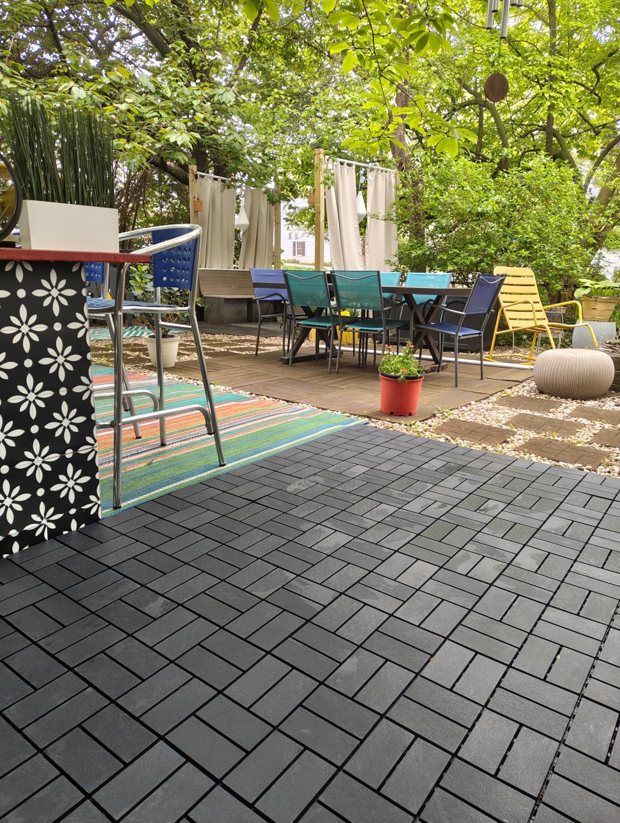 Plastic Interlocking Deck Tiles (44 PCS), 12x12 Inches Waterproof Outdoor Patio Flooring, Easy Snap Balcony Floor Tiles for Garden, Poolside, Backyard, Pathway, Indoor Use, Dark Grey, Grid Pattern customer photo 2