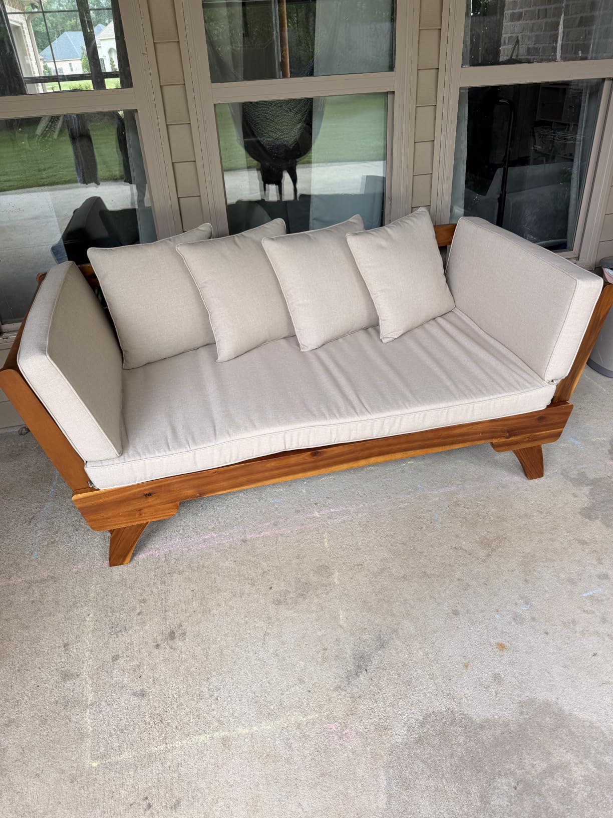 Christopher Knight Home Gary Patio Convertible Couch, Wooden Outdoor Daybed, 3-Seater Acacia Wood Patio Furniture Lounge Sofa for Backyard/Poolside/Garden, Back Pillow+Removable Cushion, Teak+ Beige customer photo 2
