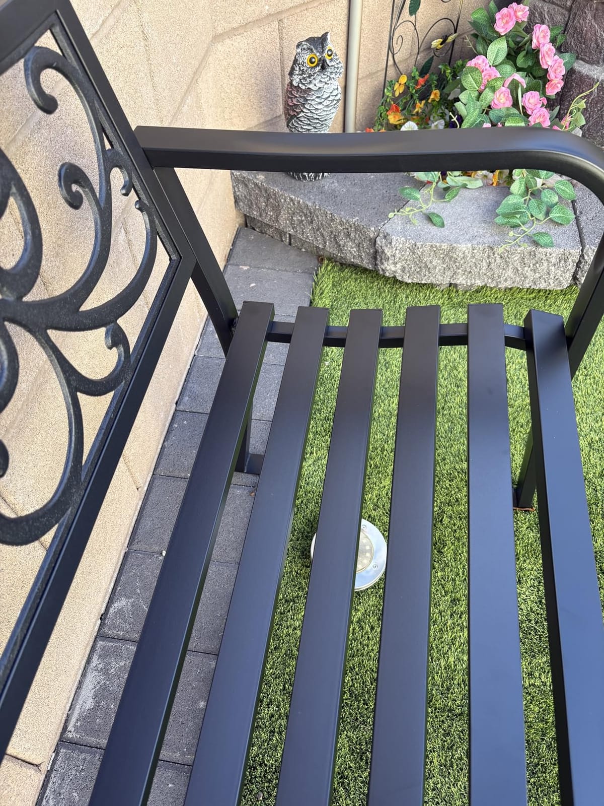 MFSTUDIO 43.7 Inches Cast Iron Outdoor Garden Bench, Floral Backrest, Black, E-Coating Anti-rust Finish, Weatherproof Outdoor Bench for Patio, Porch, Front Door, Park, Up to 550 Lbs for 2 People customer photo 2