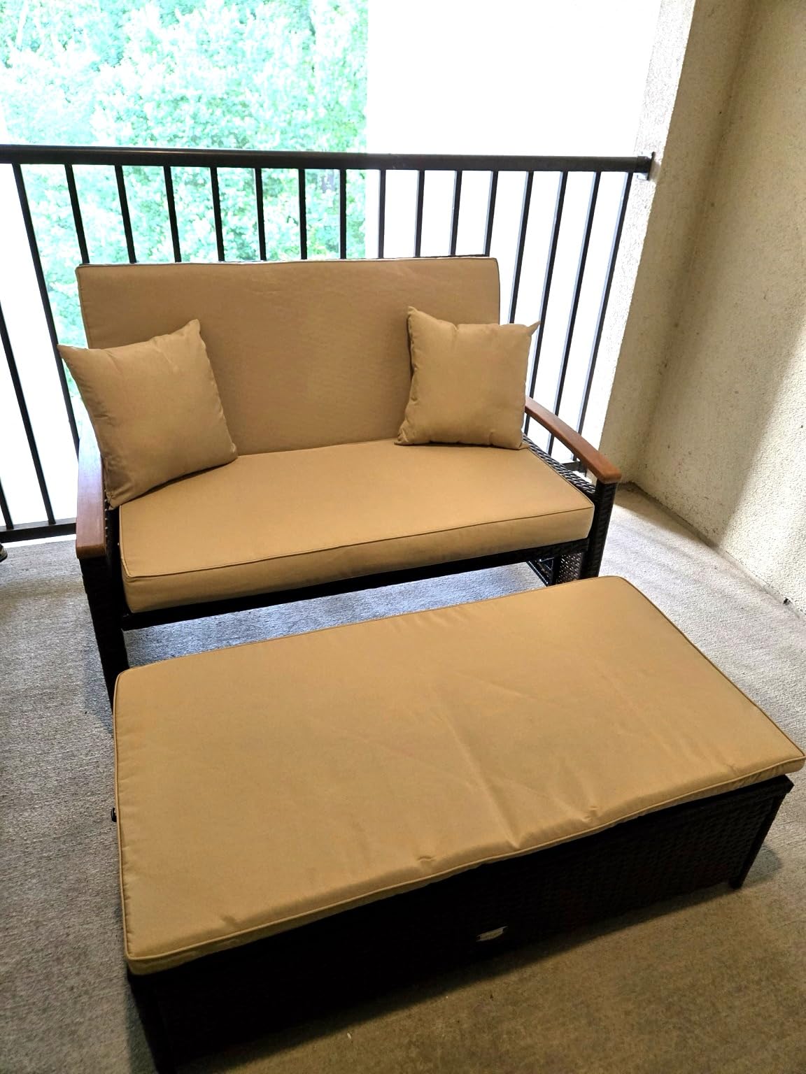 COSTWAY Patio Rattan Daybed, Outdoor Loveseat Sofa with Storage Ottoman | 4-Level Adjustable Backrest & Acacia Wood Armrest, Outdoor Wicker Daybed with Side Panels for Yard, Deck, Poolside (Beige) customer photo 1