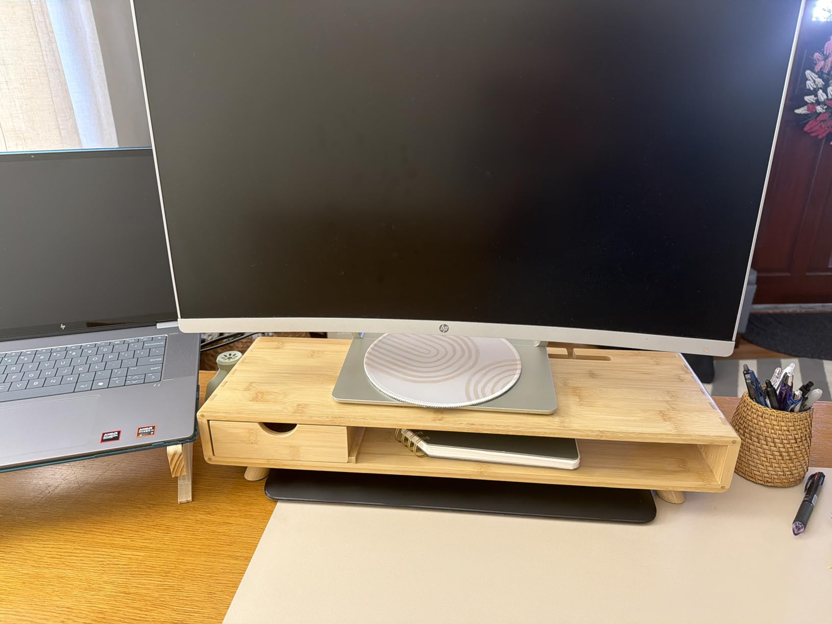 Bamboo Monitor Stand Riser with Drawer | Ergonomic Computer Riser for Desk with Cable Management & Storage Organizer, Wood Monitor Stand for Home Office customer photo 2