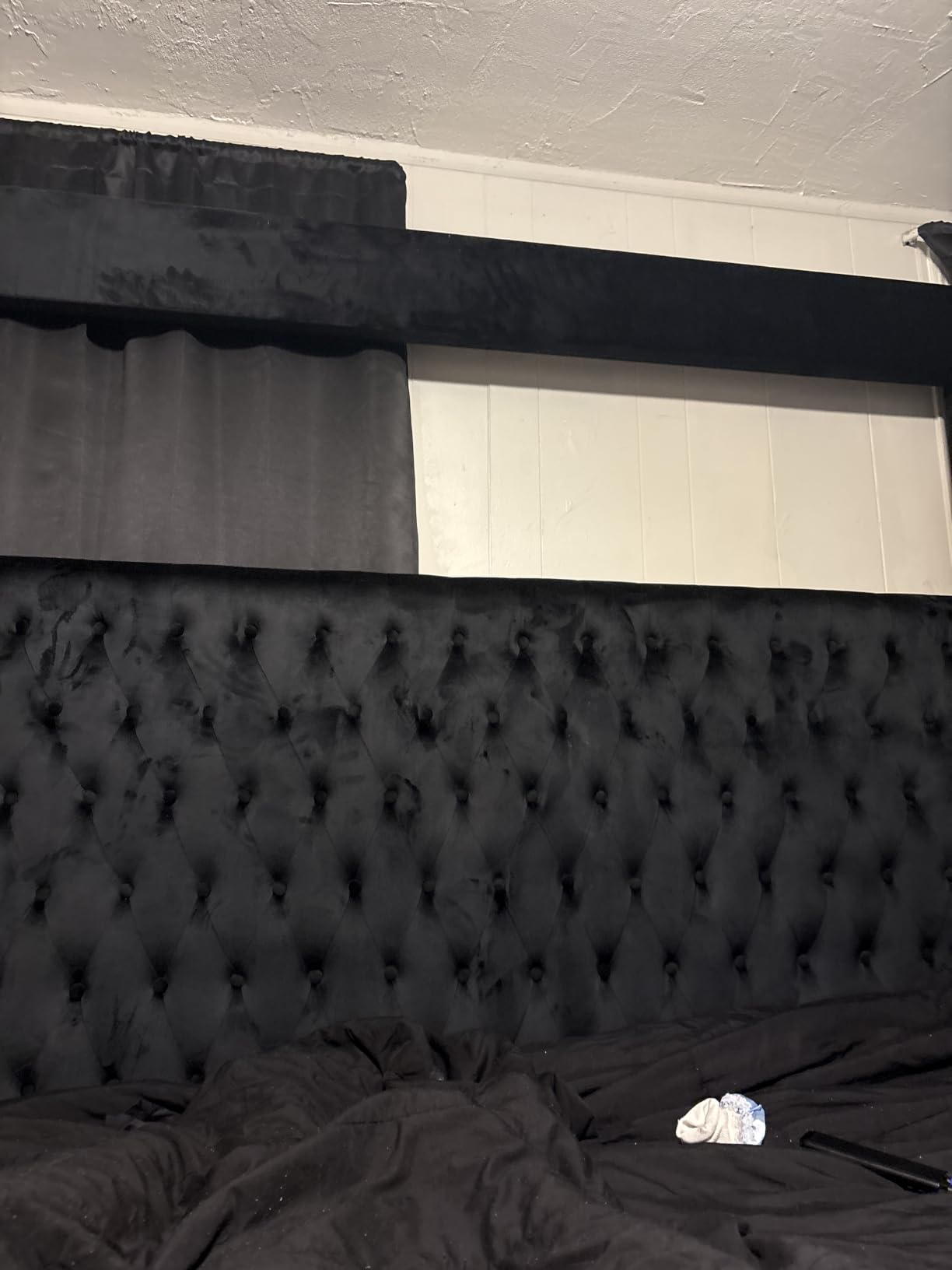 Velvet Canopy Bed Frame King - Upholstered Four Poster Bed Frame with Tufted Headboard and Footboard, Luxury Bed Frame with Wood Slats for Bedroom Furniture, Box Spring Required, Black customer photo 1