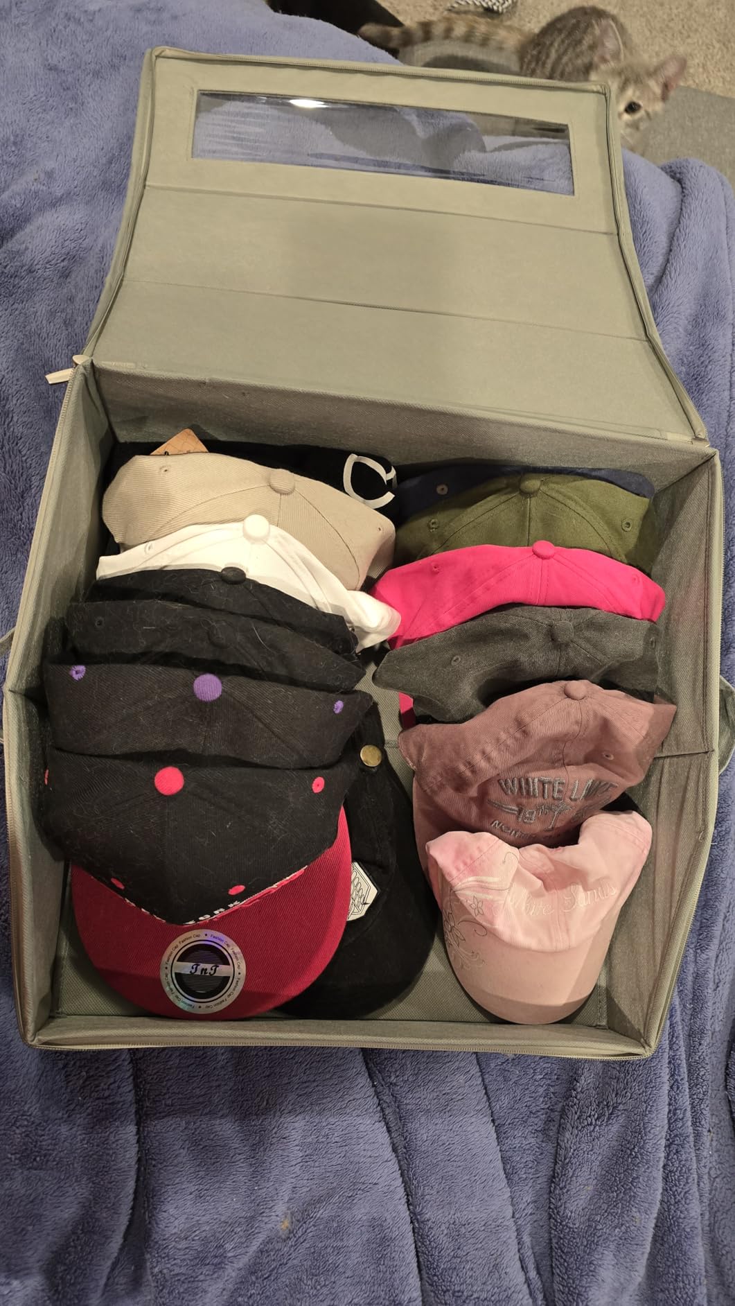 AOODA Sturdy Hat Storage for Baseball Caps, Holds up to 24 Caps Clear Hat Organizer for Closet, Bedroom, Wide Hat Box with Cardboard (Grey) customer photo 2